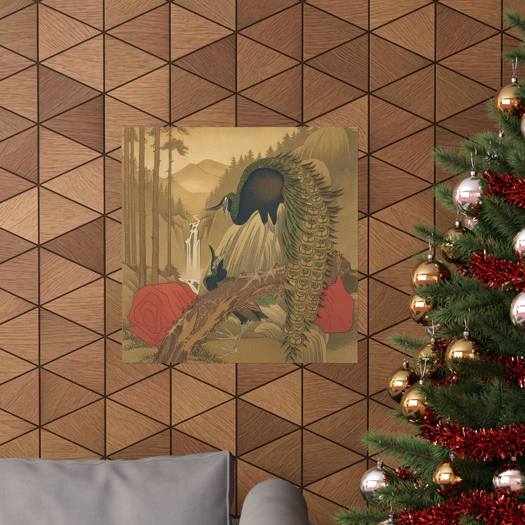 Scenic Nature — Painting Of Peacocks, Pines, A Waterfall, And A Roll Of Red Fabric — Matte Poster