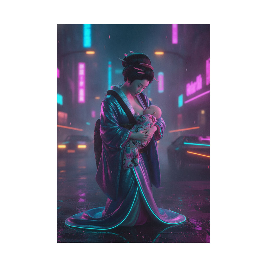 Neon Noir — Young Mother Nursing Her Baby — Matte Poster