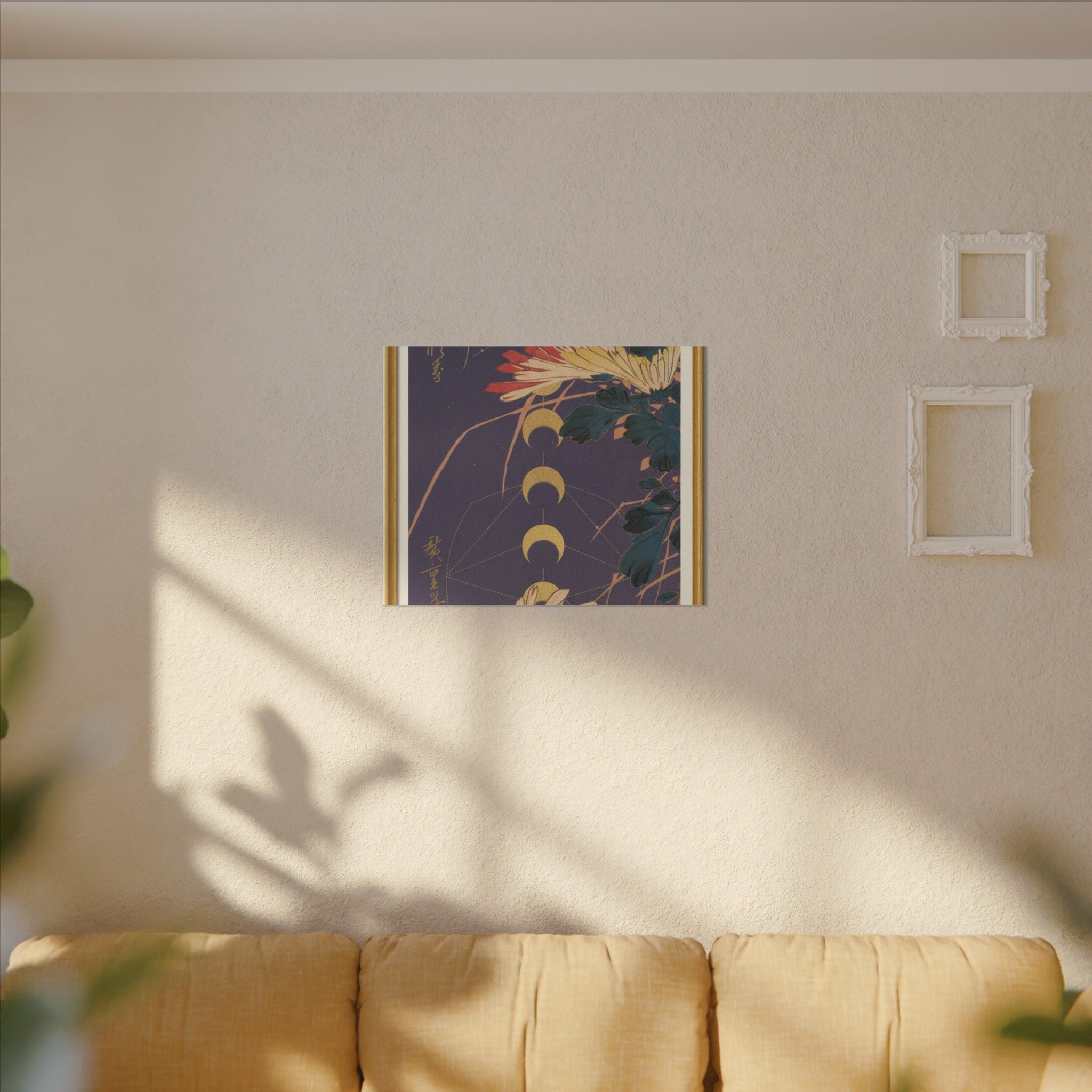 Chrysanthemum and Gold Moon Phases Woodblock Matte Canvas