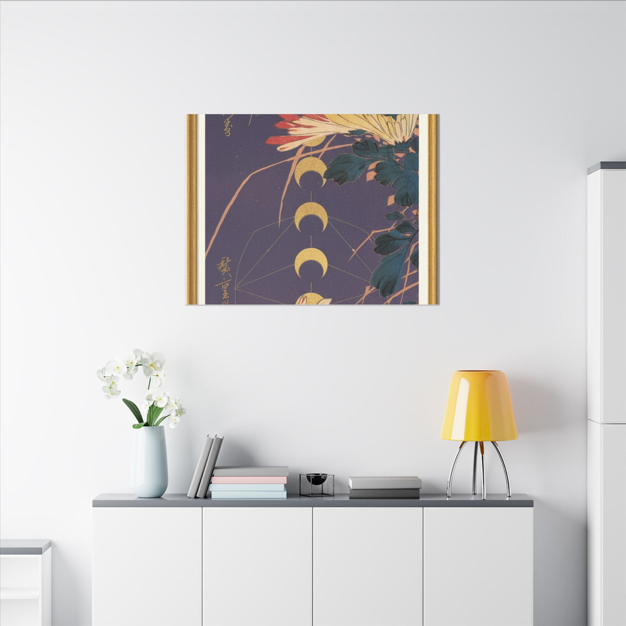 Chrysanthemum and Gold Moon Phases Woodblock Matte Canvas