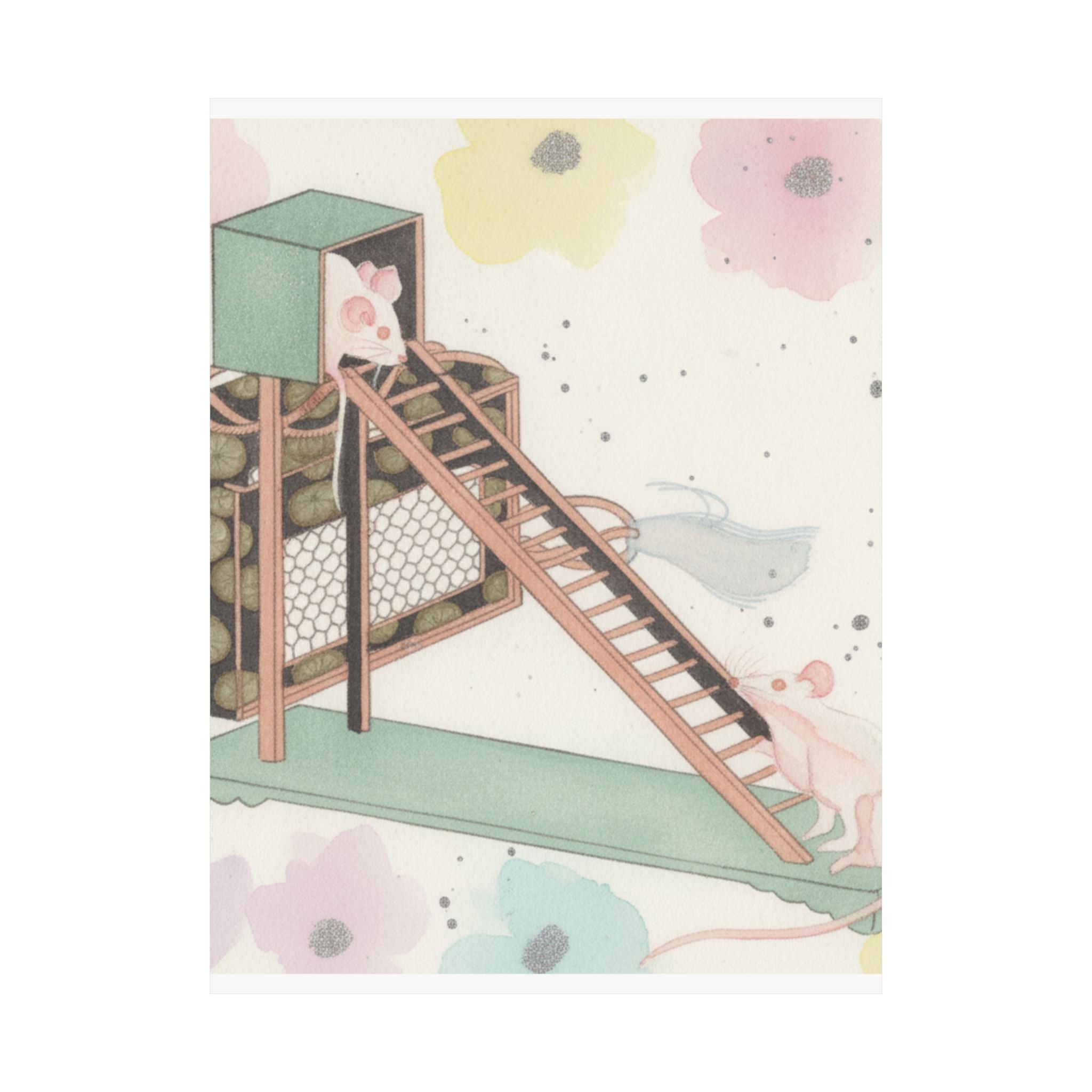 Watercolor — White Mice Playing — Matte Poster