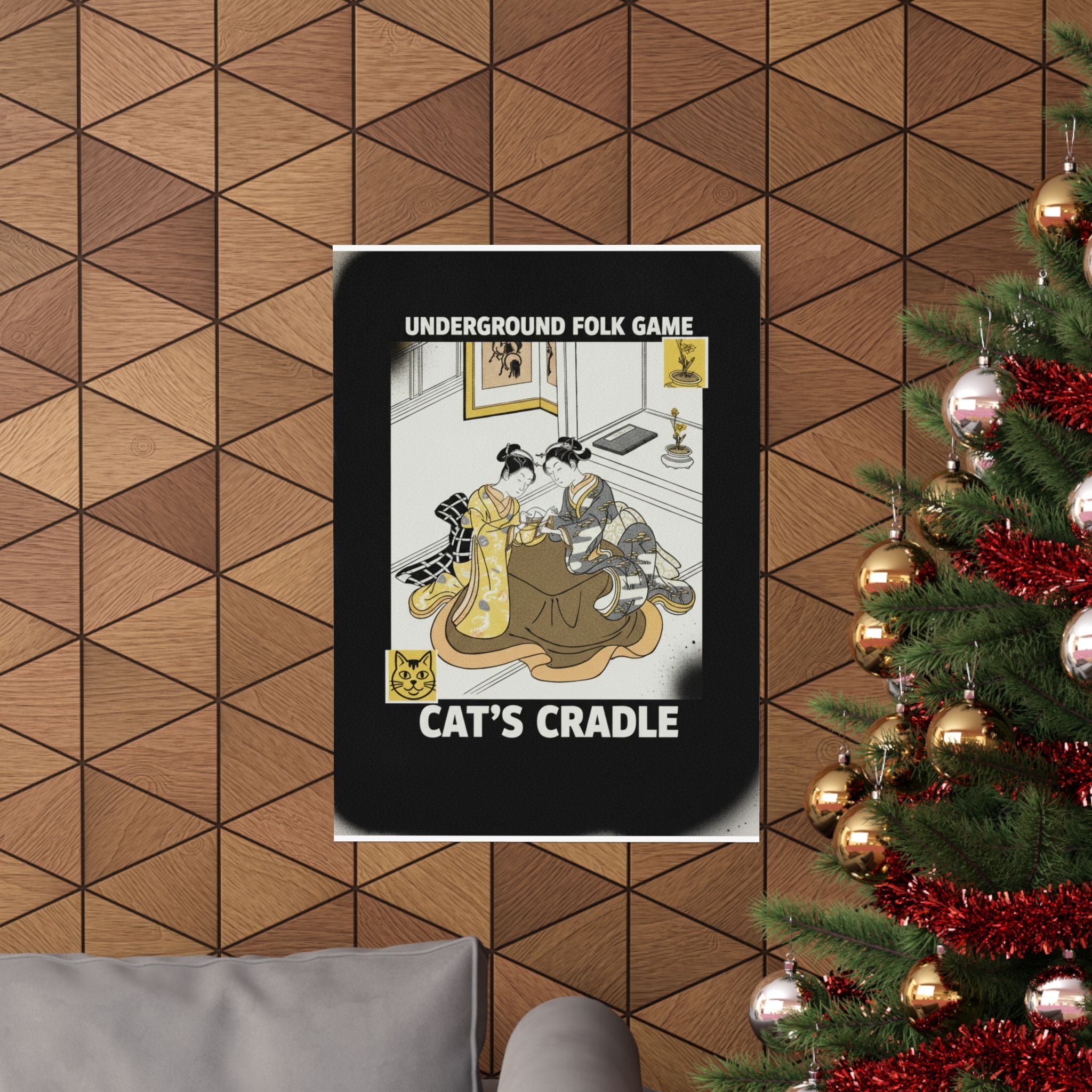 Streetwear Collage — Two Young Women Seated By A Kotatsu Playing Cat'S Cradle — Matte Poster