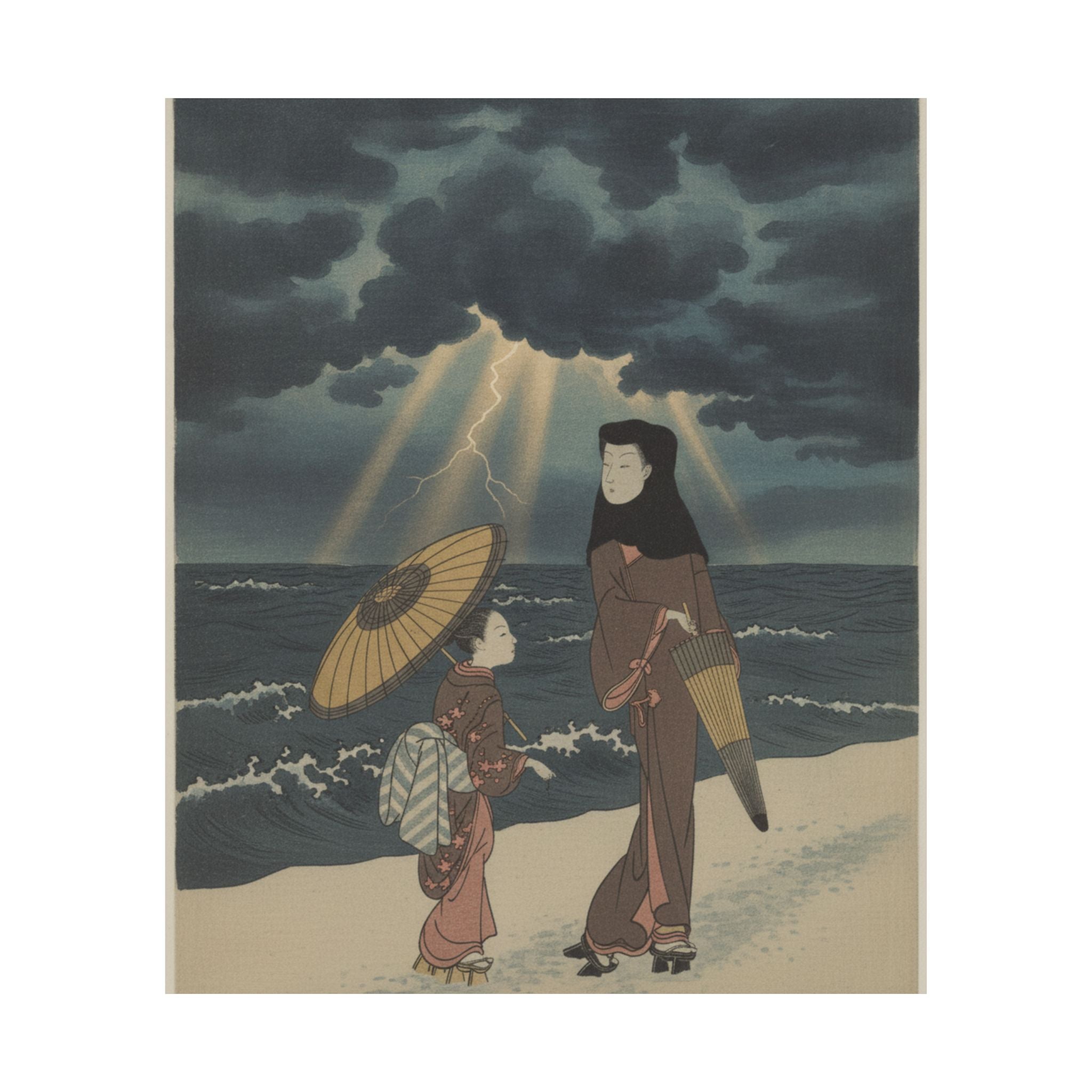 Dramatic Storm — Lady With Black Hood And Umbrella Out Walking With Young Attendant — Matte Poster
