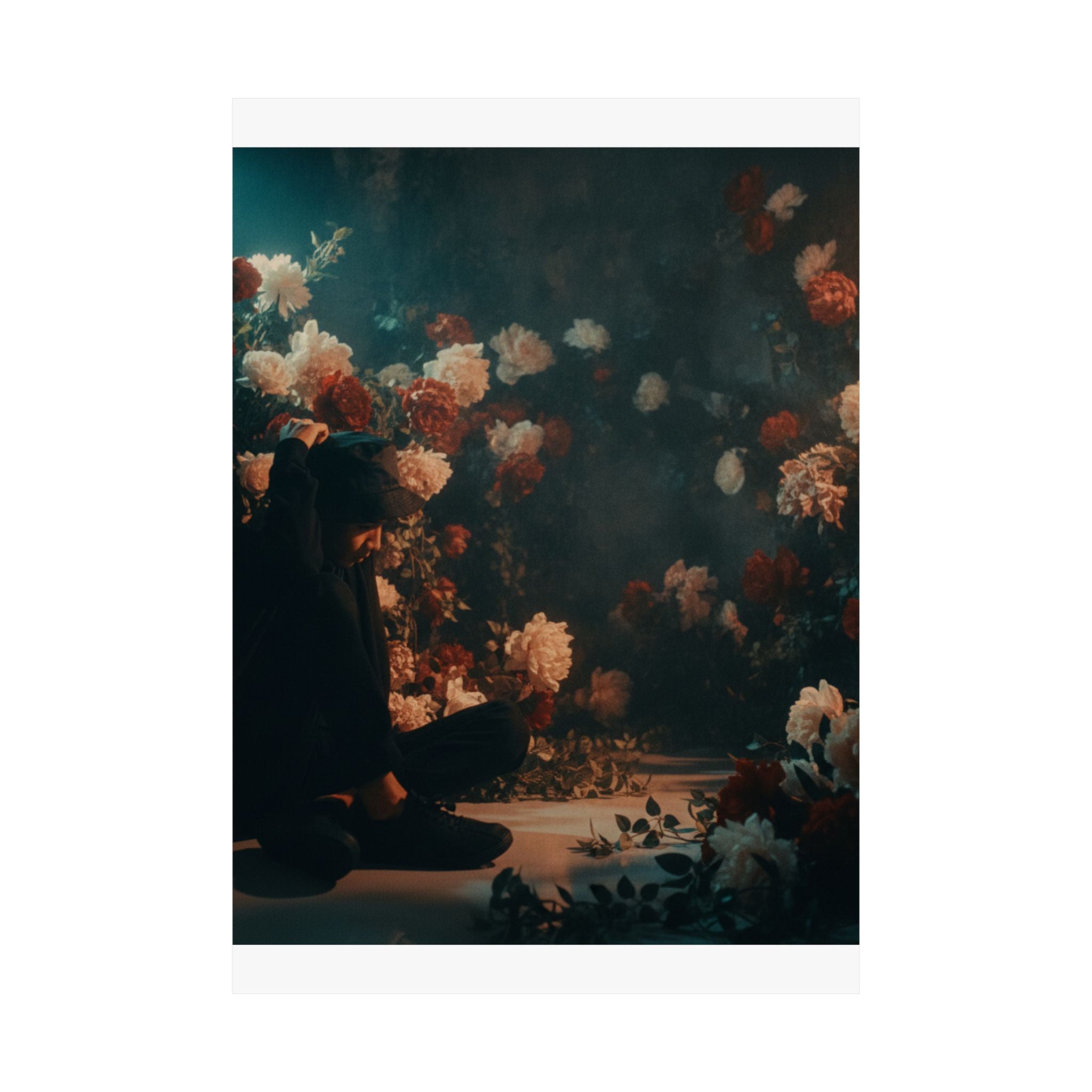 Kneeling Figure in Dark Rose Garden Moody Poster