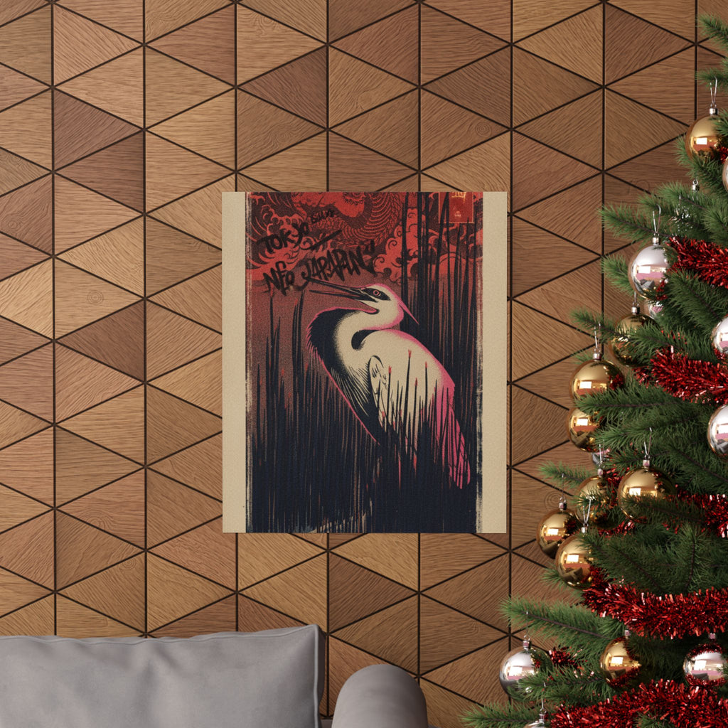 Japanese Street — White Heron Standing Among Reeds — Matte Poster