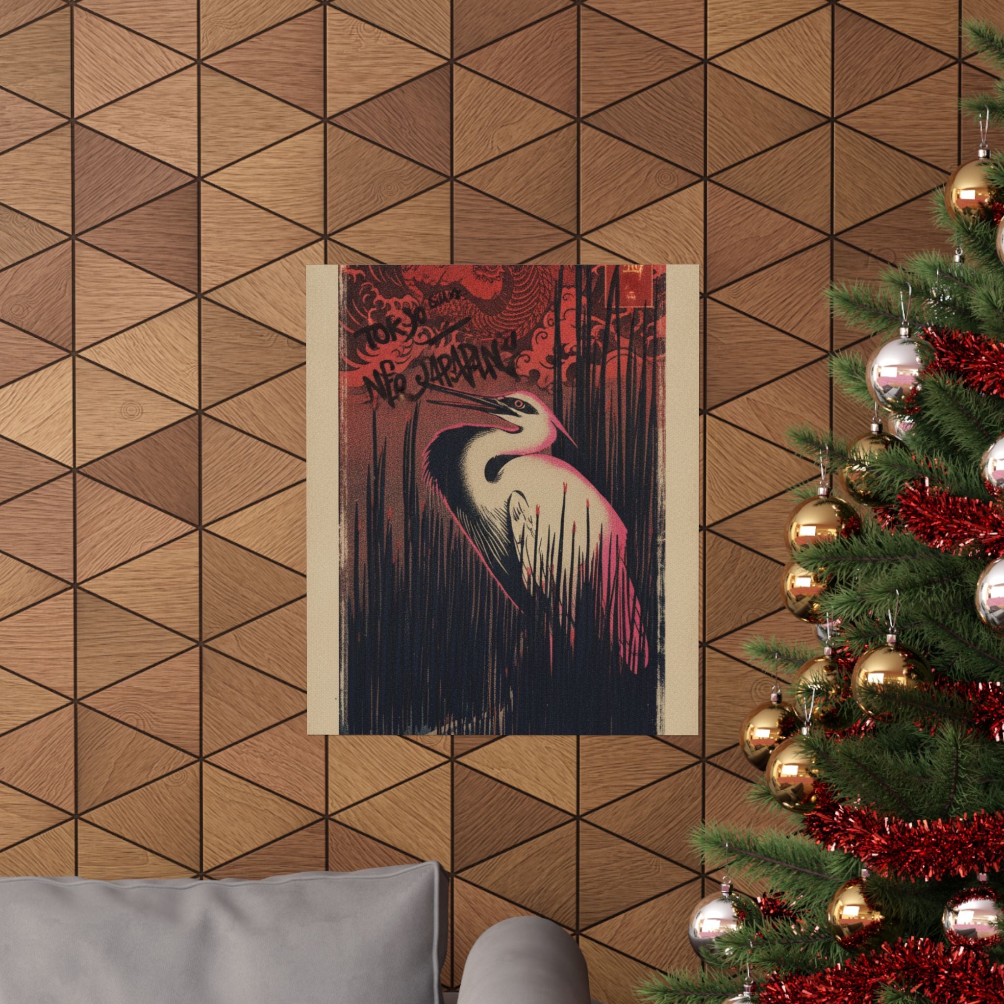 Japanese Street — White Heron Standing Among Reeds — Matte Poster