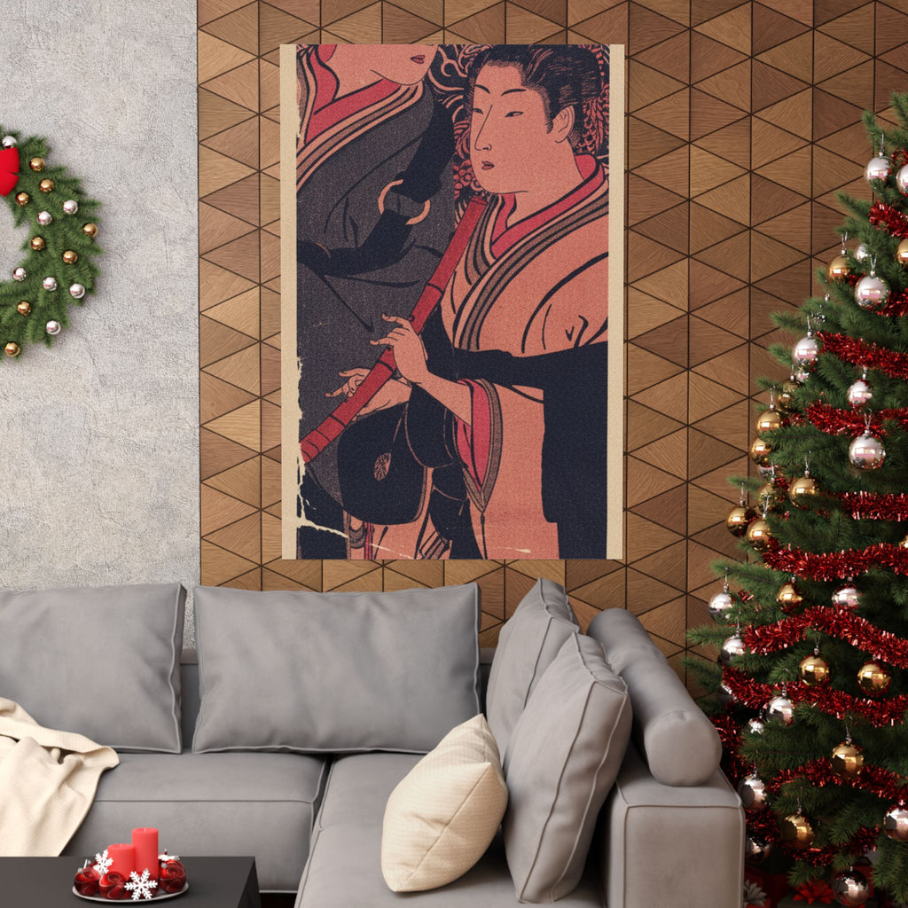 Japanese Street — Two Men, One Playing A Flute — Matte Poster