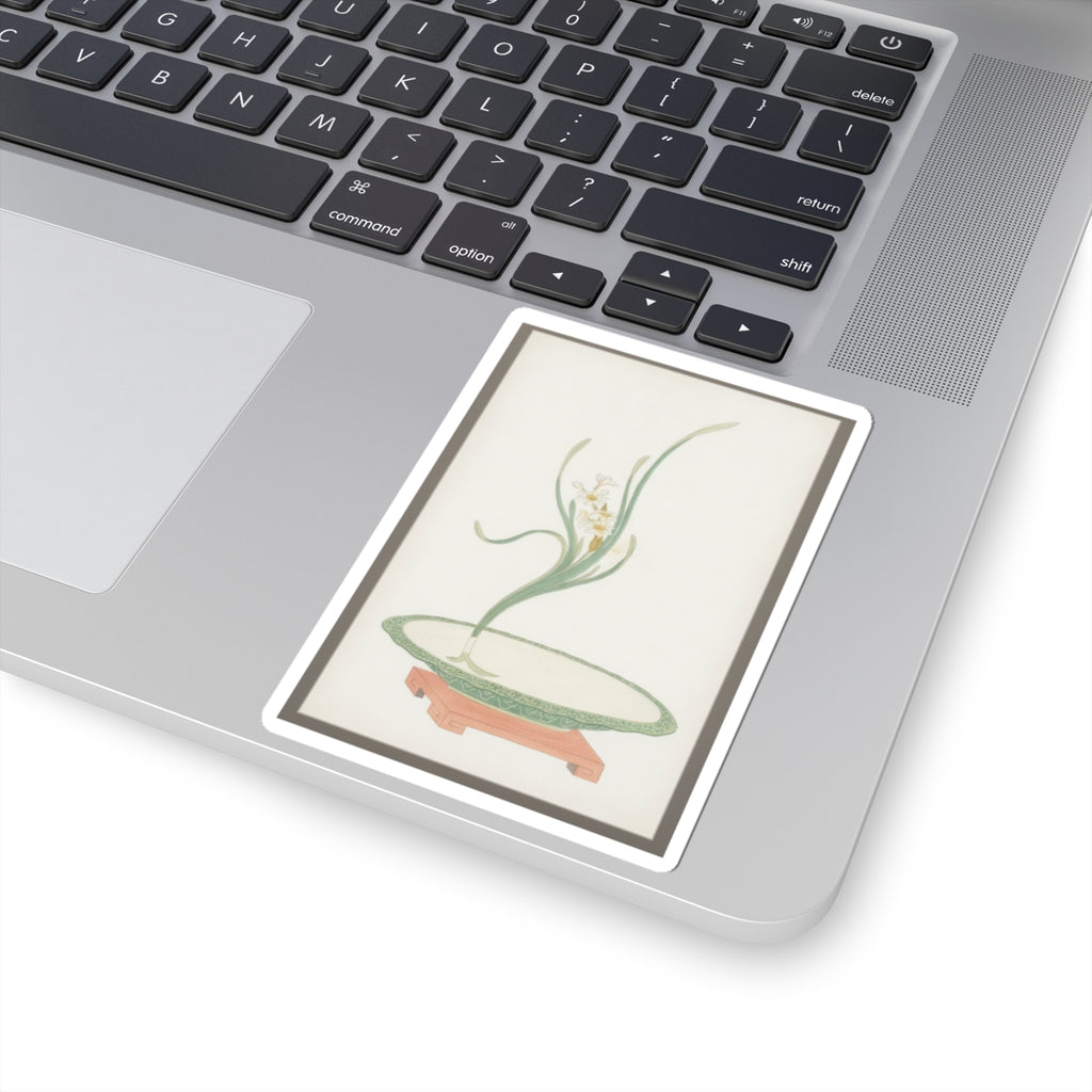 Watercolor — Flower Arrangement Of Suisen (Narcissus) In A Flat Green Dish — Kiss-Cut Sticker
