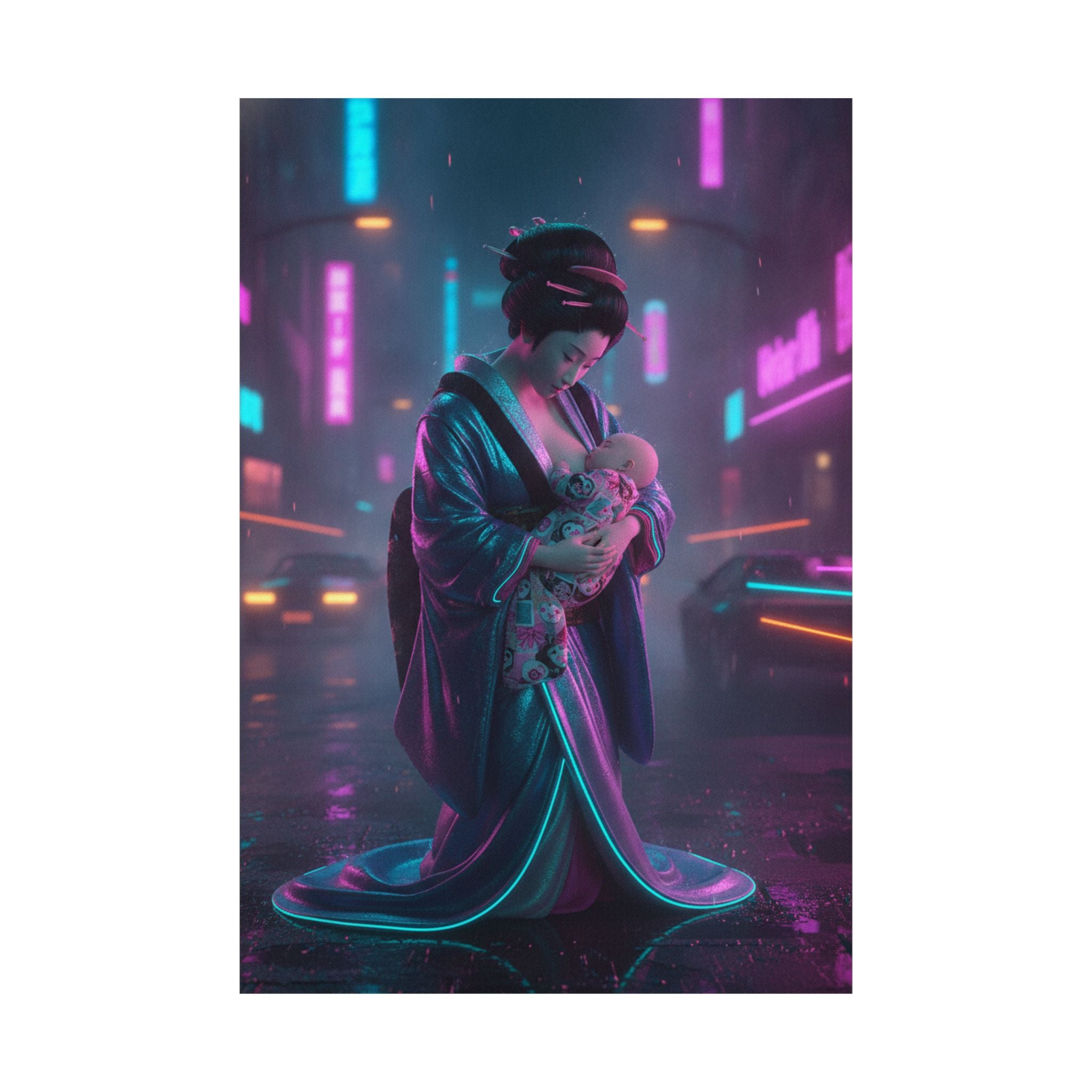 Neon Noir — Young Mother Nursing Her Baby — Matte Poster