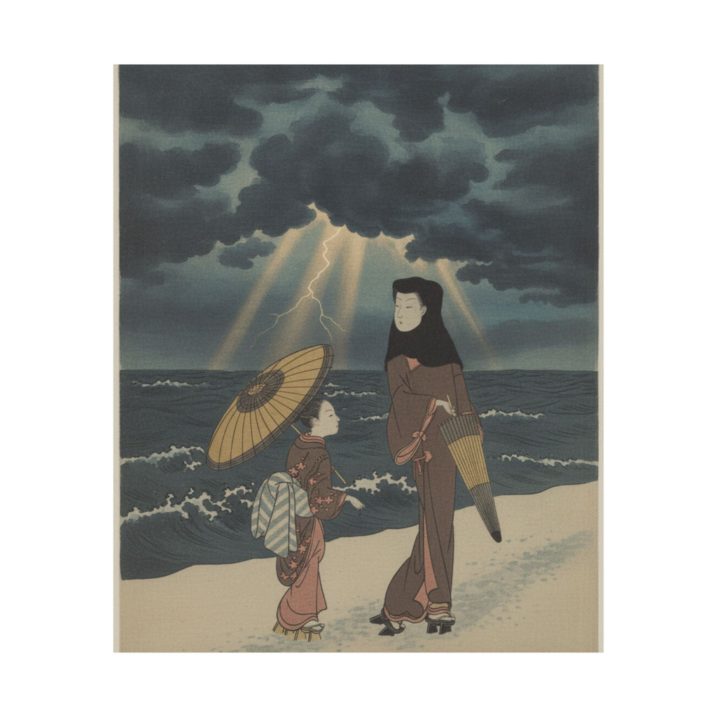 Dramatic Storm — Lady With Black Hood And Umbrella Out Walking With Young Attendant — Matte Poster