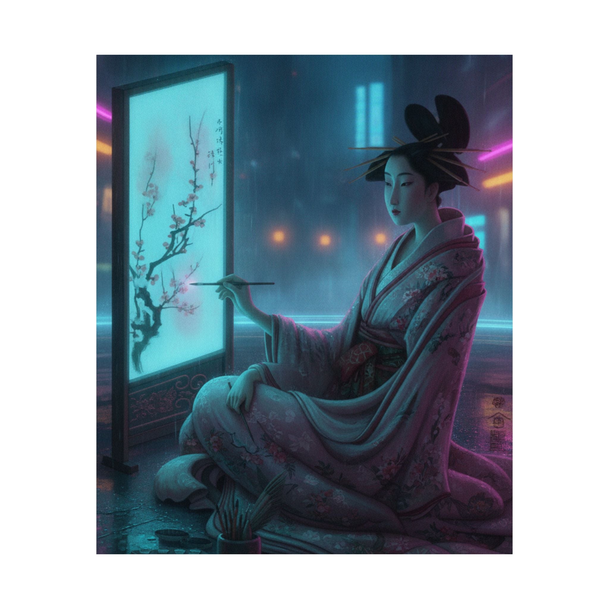 Neon Noir — Young Woman Painting A Screen — Matte Poster