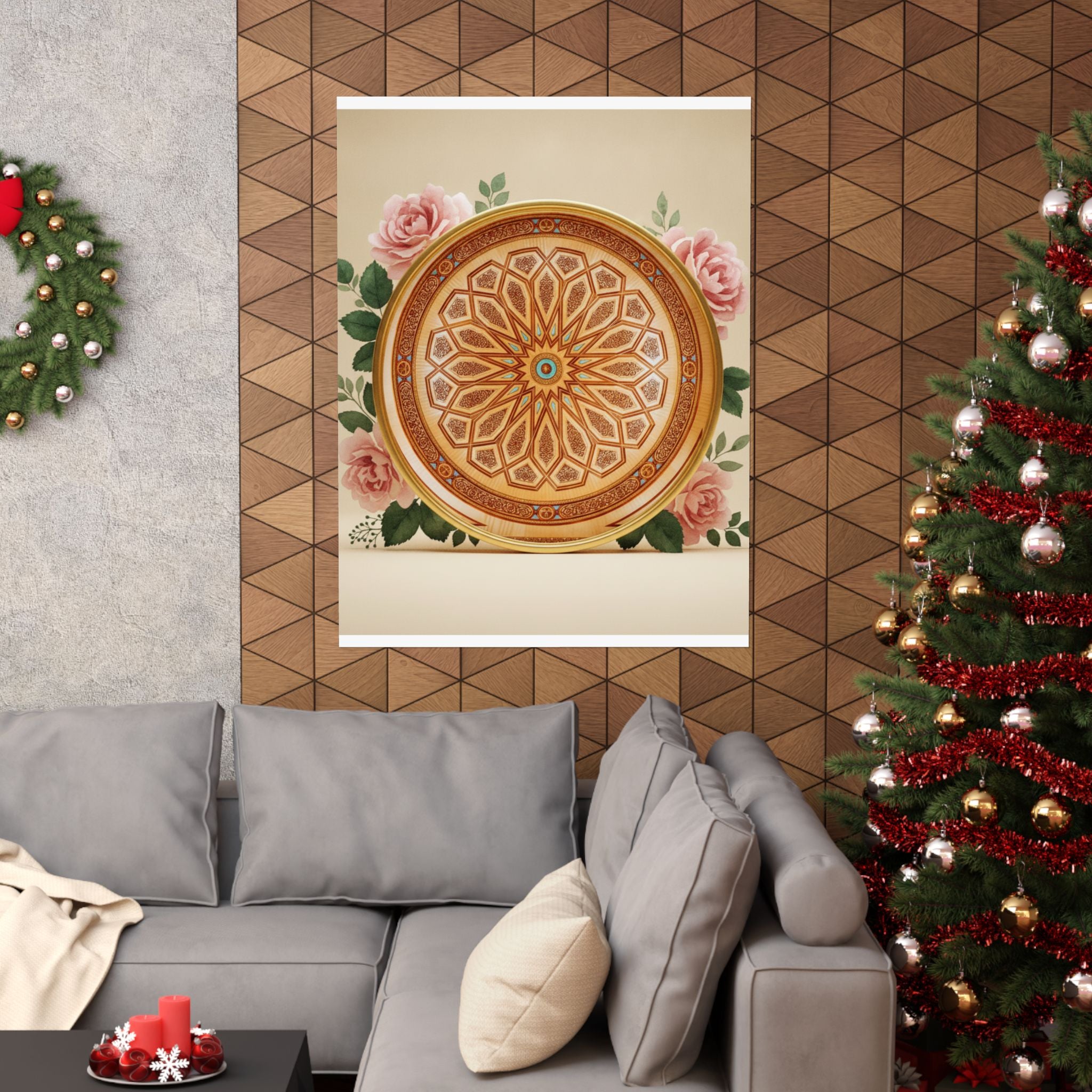 Gilded Moroccan Medallion and Pink Roses Art Poster