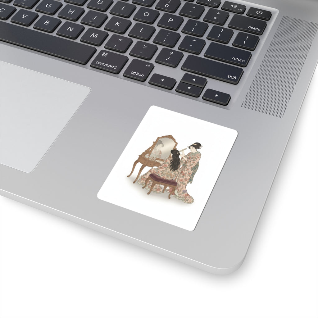 Ecommerce Main — A Woman At Her Toilet Seated Before A Mirror, Having Her Hair Combed By A Kameyu — Kiss-Cut Sticker