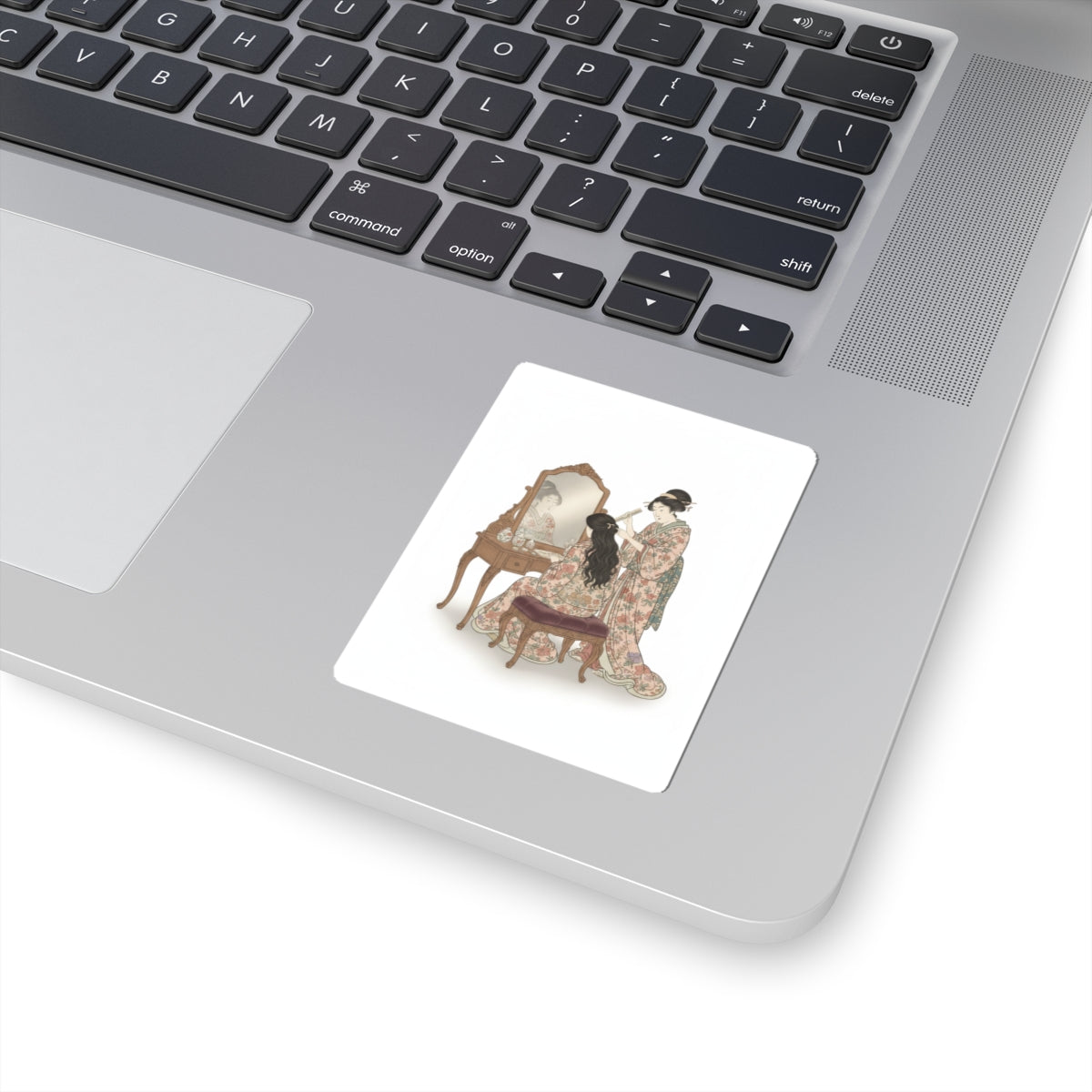 Ecommerce Main — A Woman At Her Toilet Seated Before A Mirror, Having Her Hair Combed By A Kameyu — Kiss-Cut Sticker
