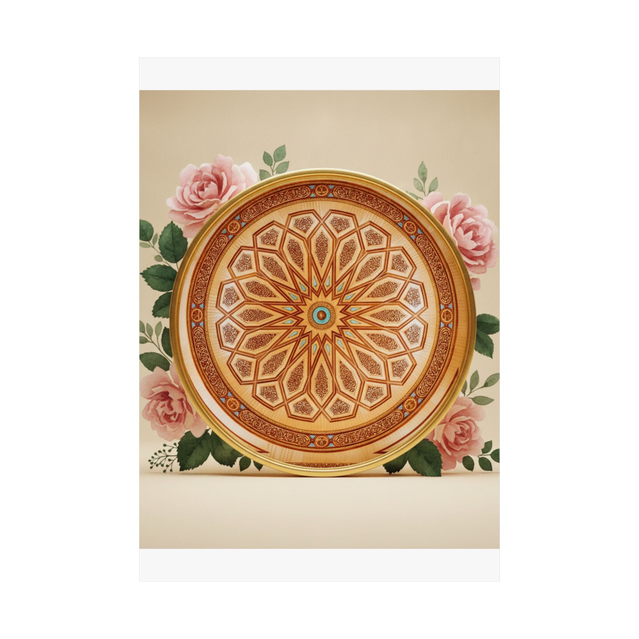 Gilded Moroccan Medallion and Pink Roses Art Poster