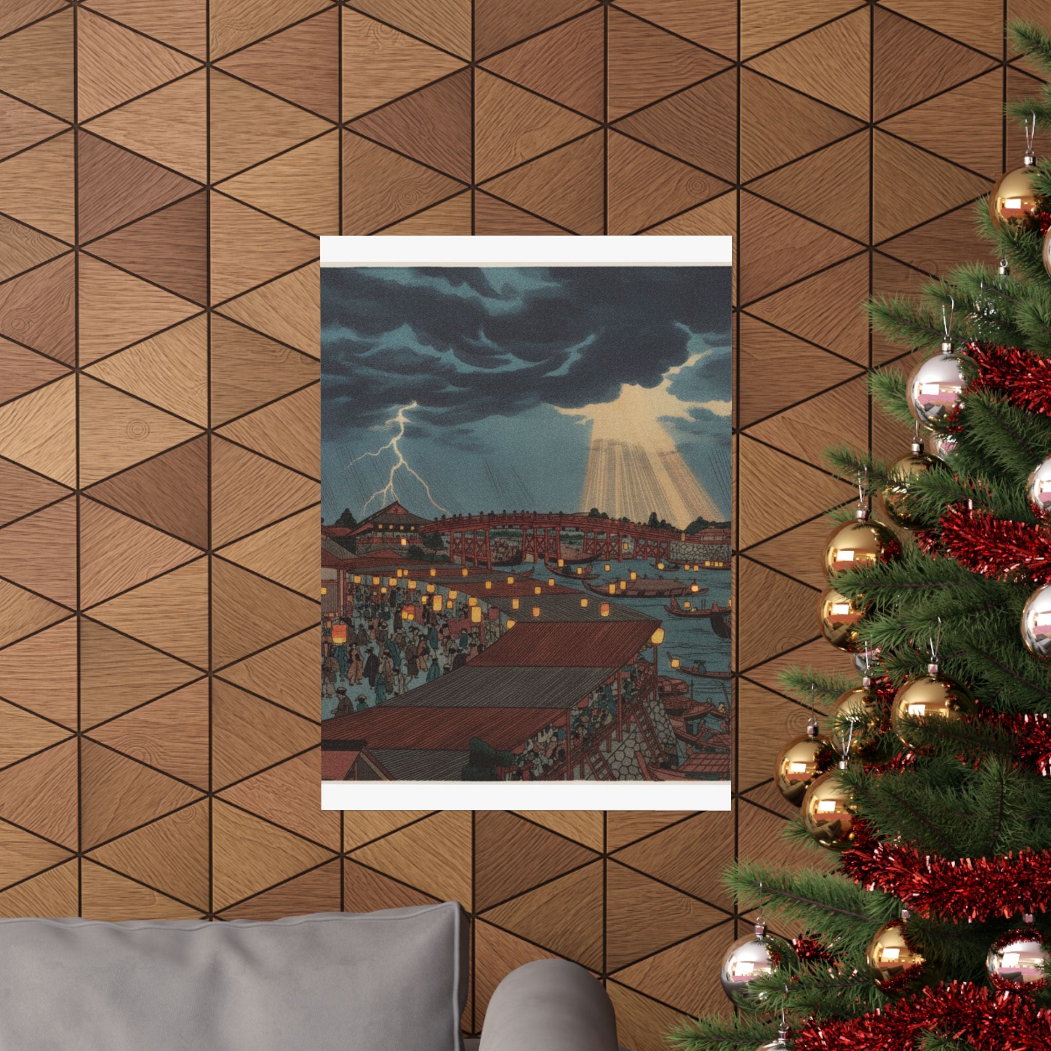 Dramatic Storm — Landscape; Showing Water Festival With Lanterns — Matte Poster
