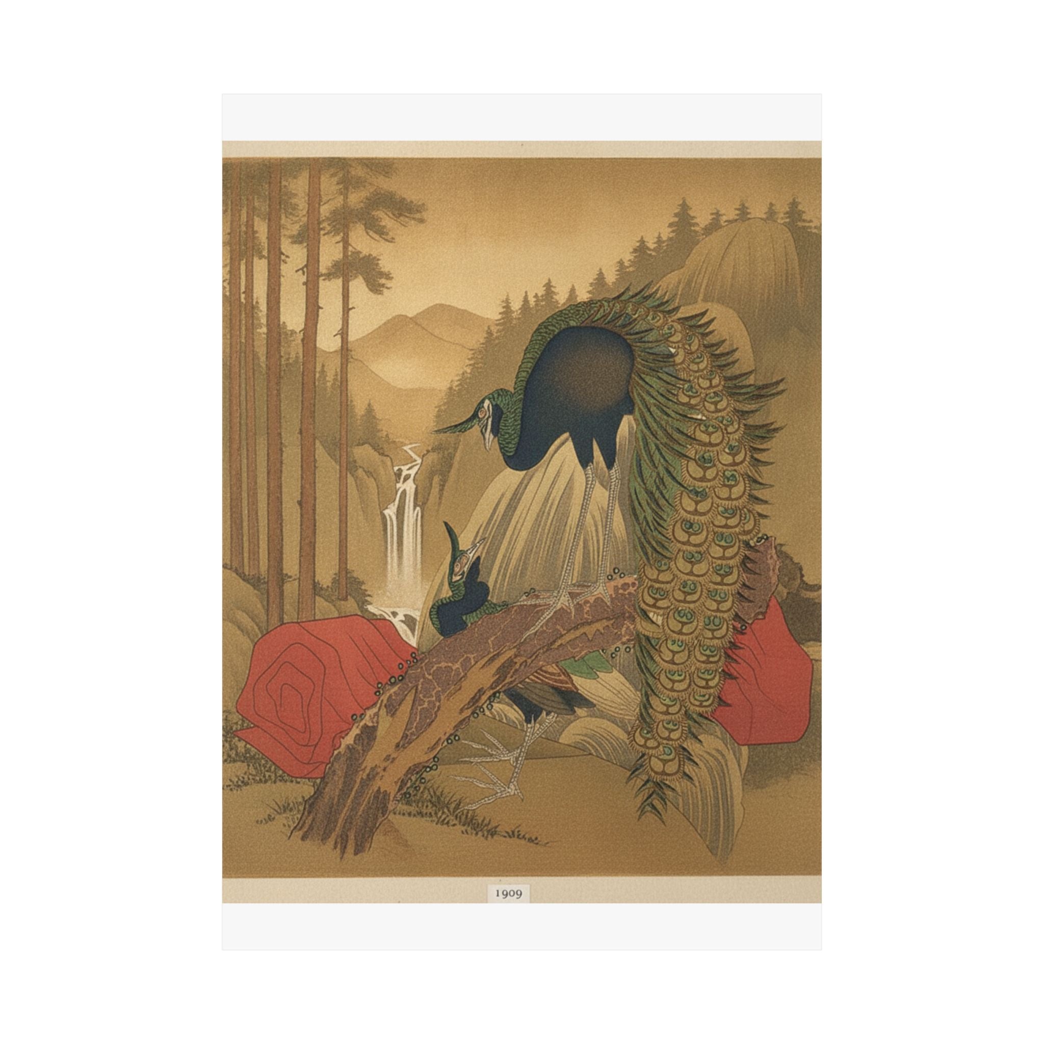 Scenic Nature — Painting Of Peacocks, Pines, A Waterfall, And A Roll Of Red Fabric — Matte Poster