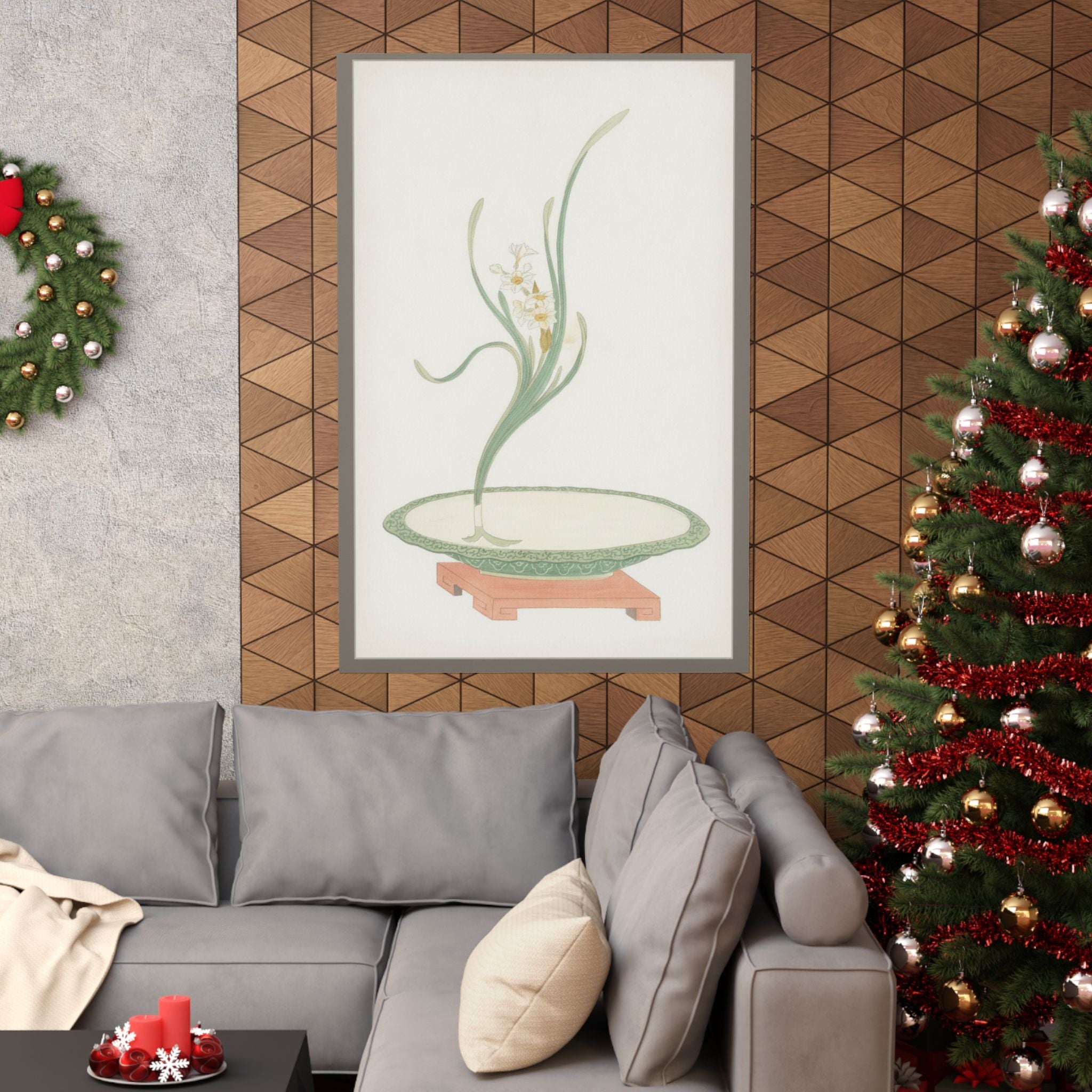 Watercolor — Flower Arrangement Of Suisen (Narcissus) In A Flat Green Dish — Matte Poster