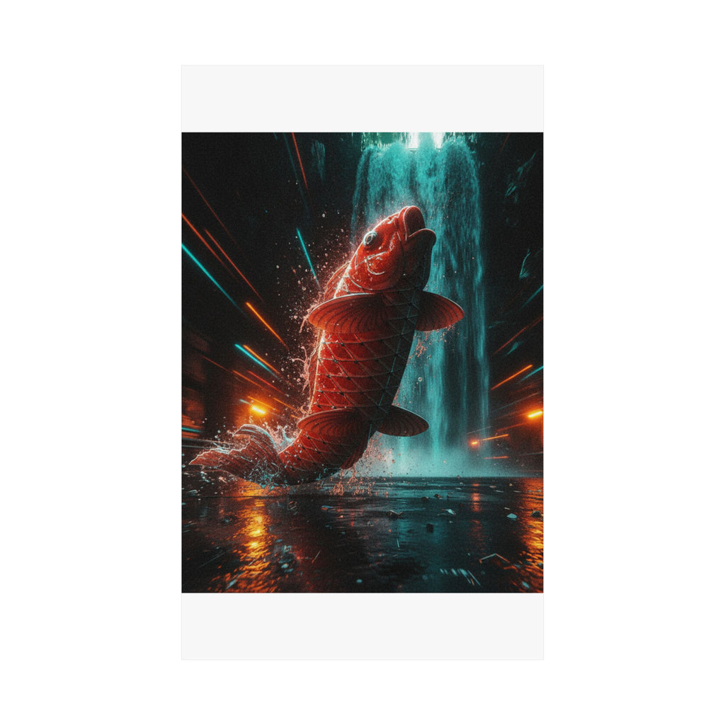 Fast Furious — Red Carp Ascending A Waterfall — Matte Poster