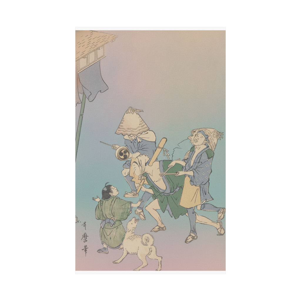 Affirmation — Three Revelers Of The Lower Classes, Wearing Komuso Hats, With Small Boy And Dog — Matte Poster