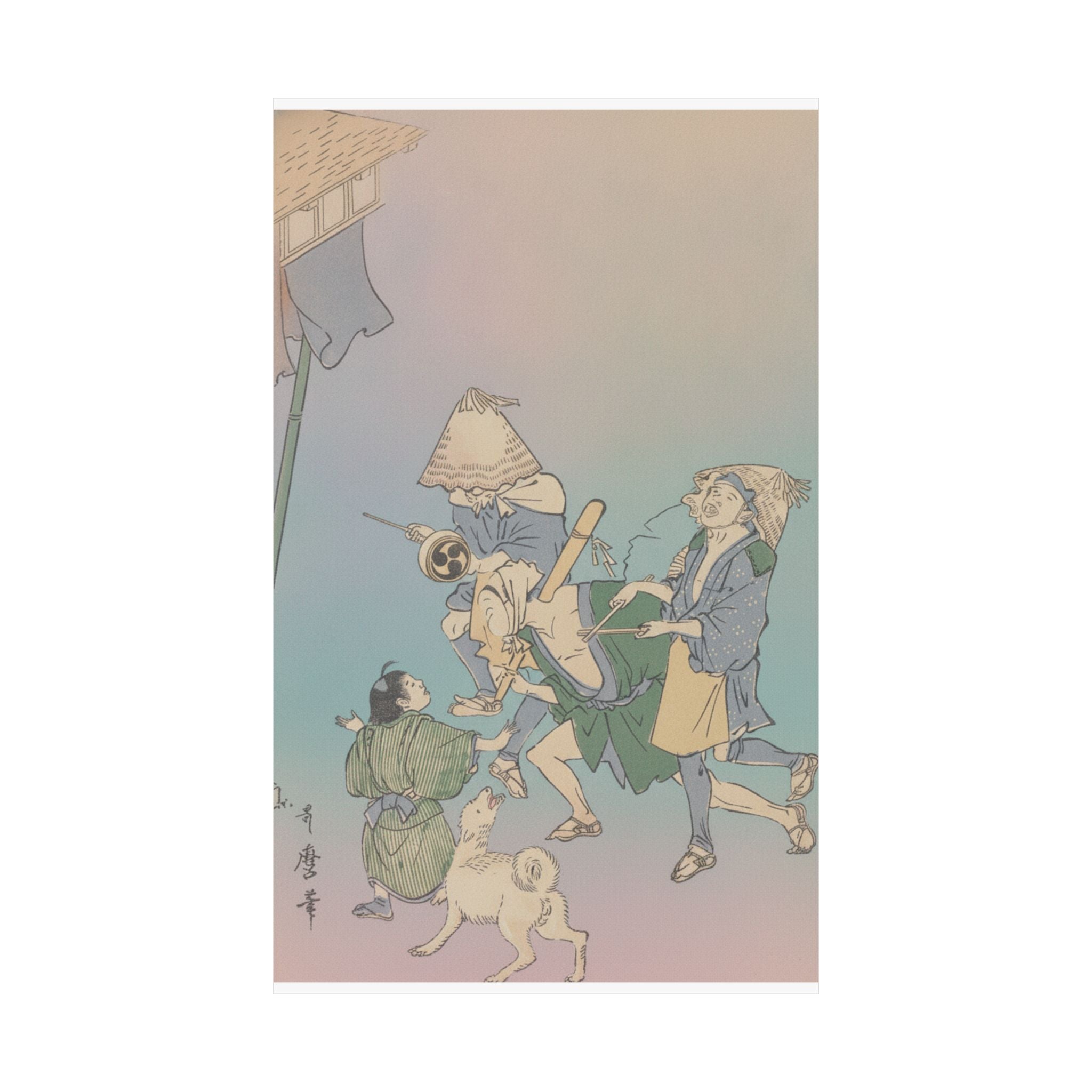 Affirmation — Three Revelers Of The Lower Classes, Wearing Komuso Hats, With Small Boy And Dog — Matte Poster
