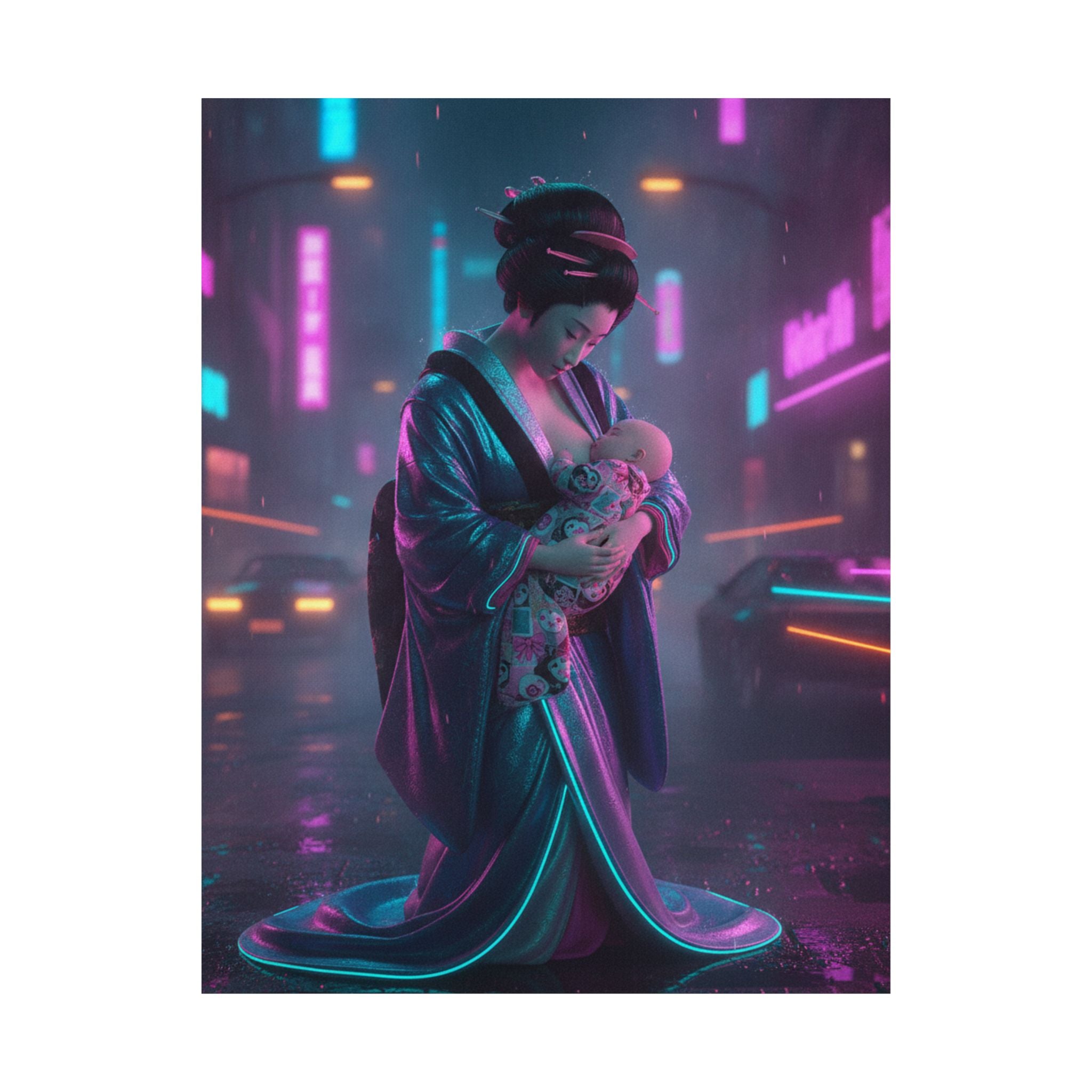 Neon Noir — Young Mother Nursing Her Baby — Matte Poster