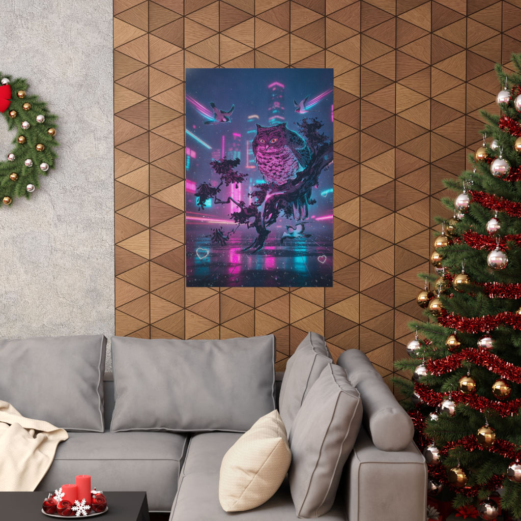 Neon Noir — Owl And Two Swallows — Matte Poster