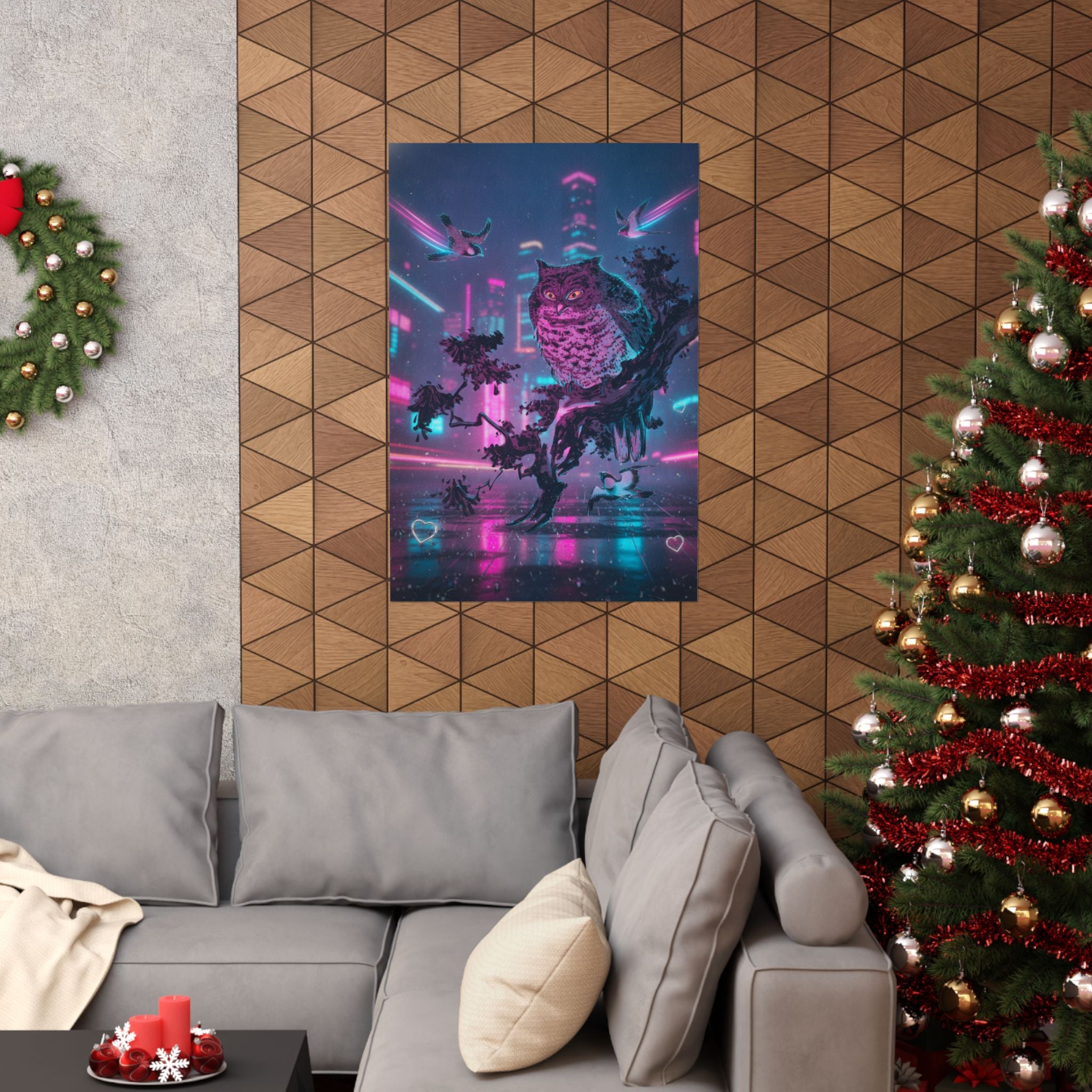 Neon Noir — Owl And Two Swallows — Matte Poster