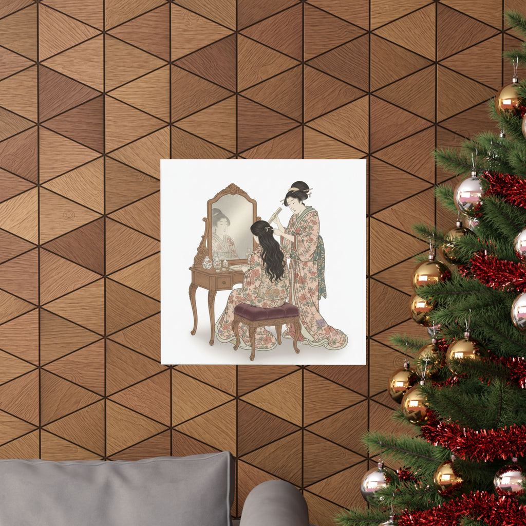 Ecommerce Main — A Woman At Her Toilet Seated Before A Mirror, Having Her Hair Combed By A Kameyu — Matte Poster