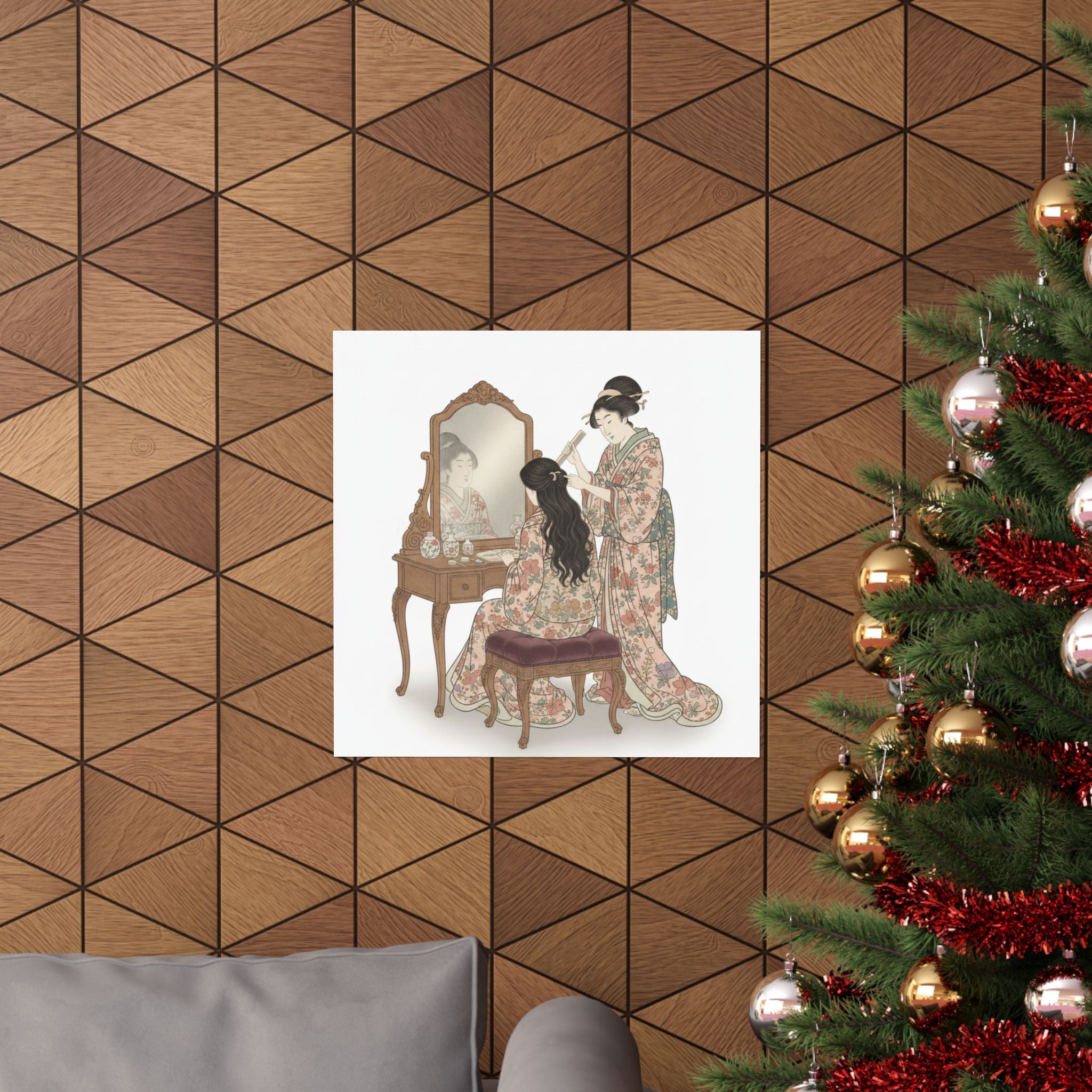 Ecommerce Main — A Woman At Her Toilet Seated Before A Mirror, Having Her Hair Combed By A Kameyu — Matte Poster