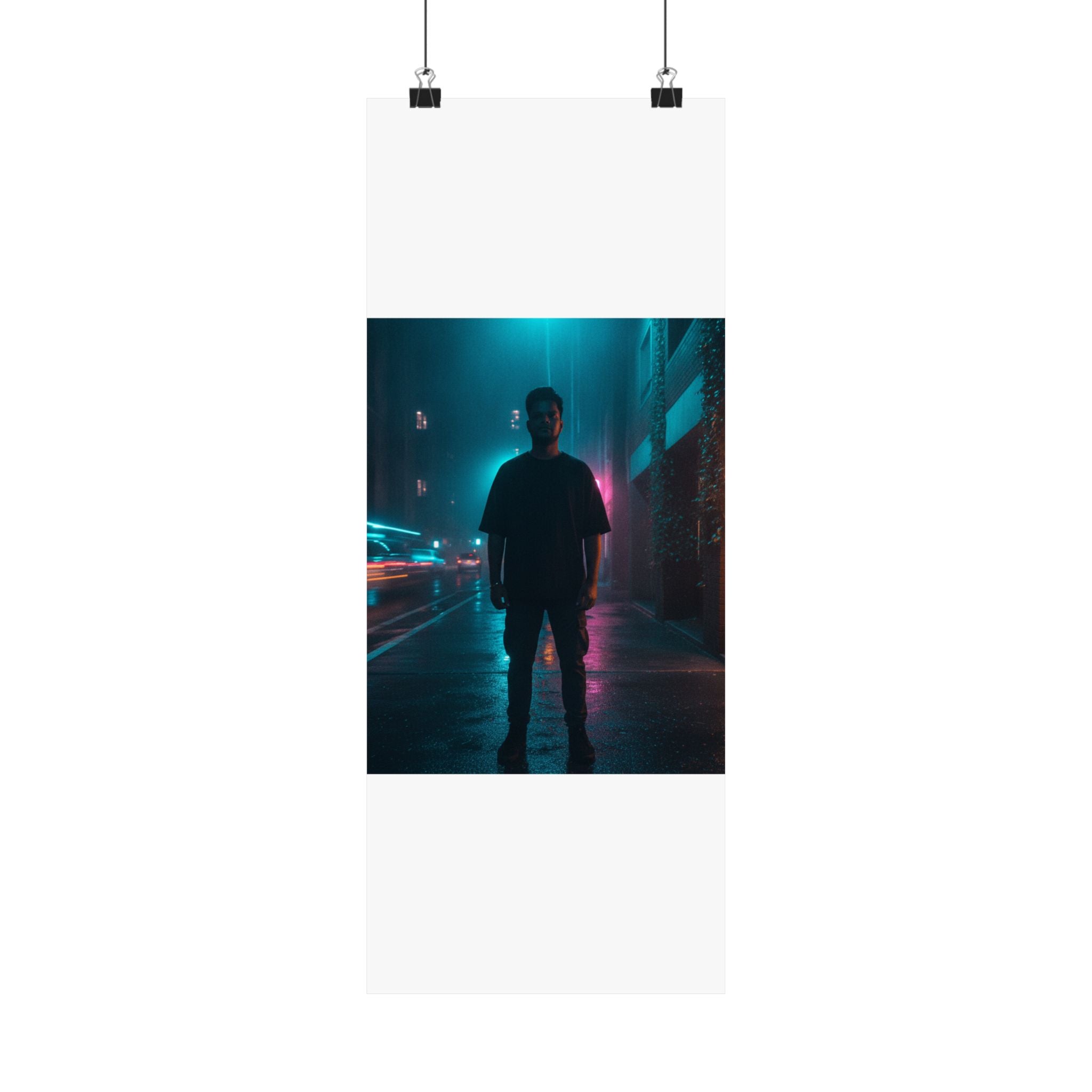 Rainy Neon City Street Silhouette Teal Pink Matte Poster