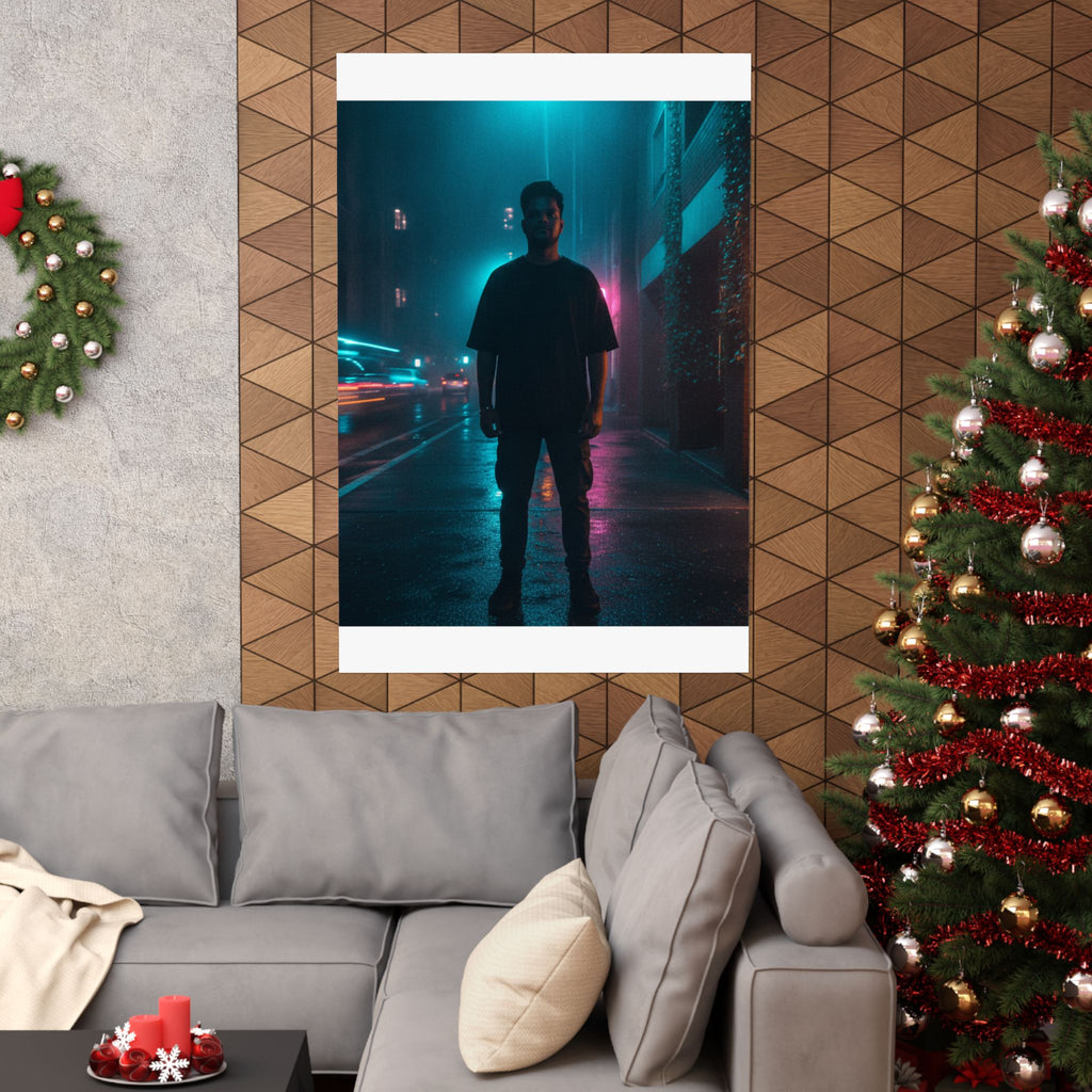 Rainy Neon City Street Silhouette Teal Pink Matte Poster