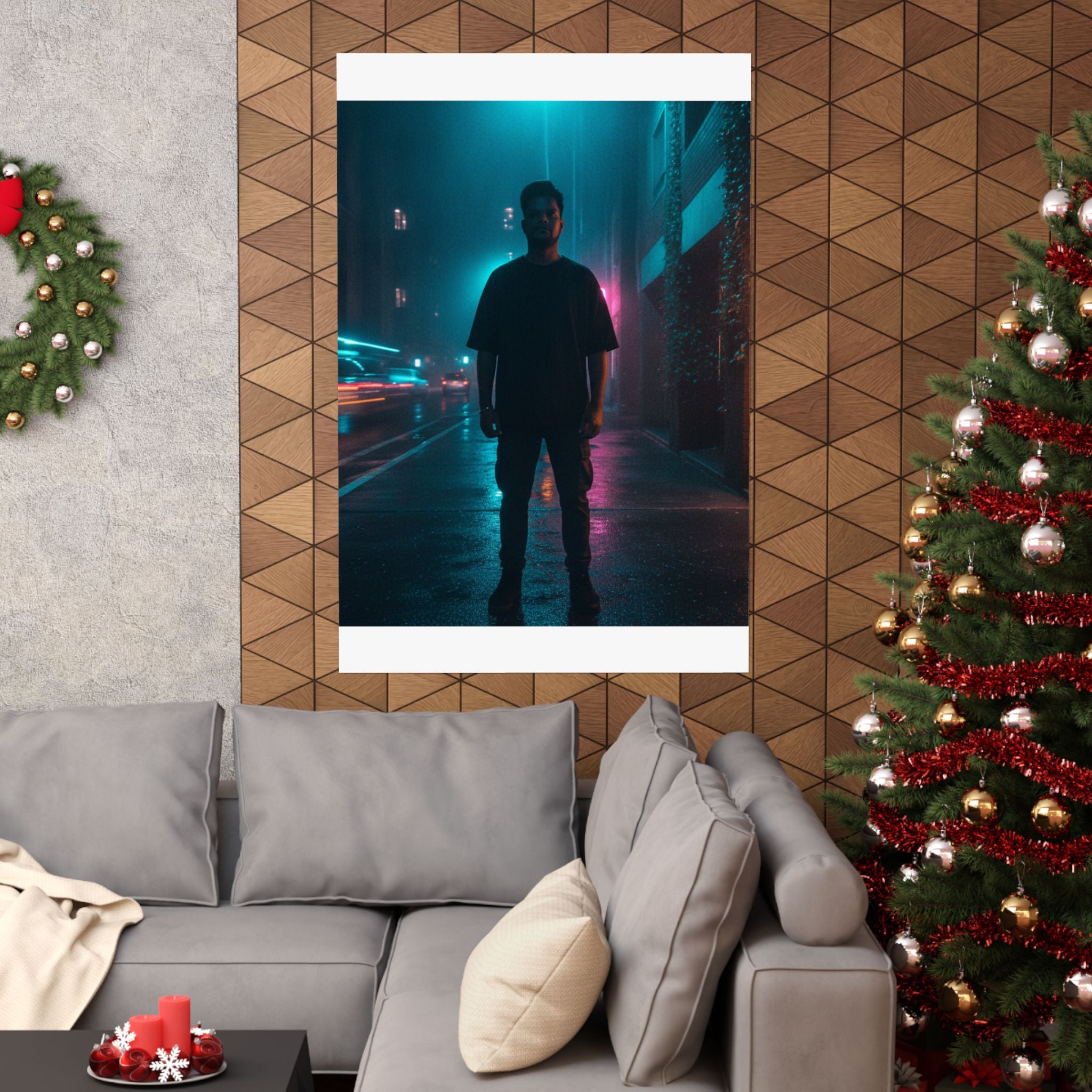 Rainy Neon City Street Silhouette Teal Pink Matte Poster
