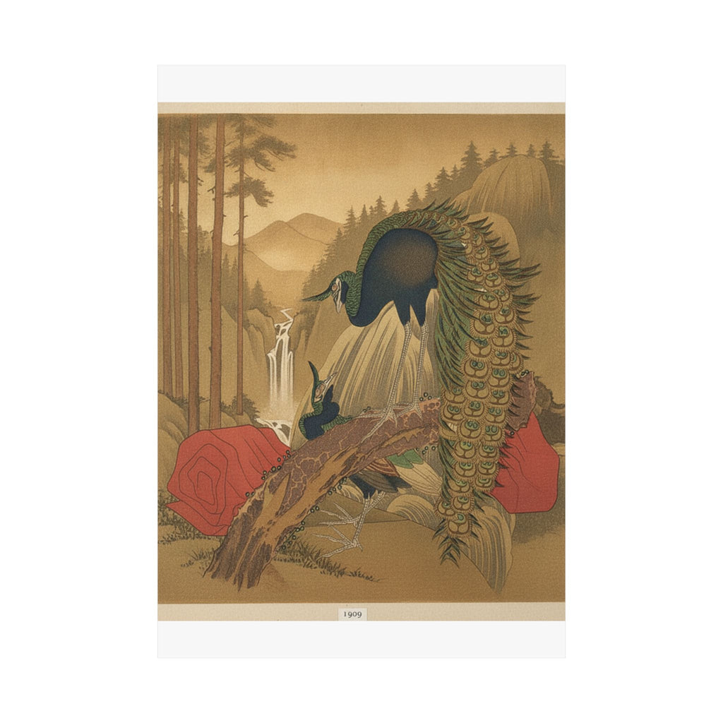 Scenic Nature — Painting Of Peacocks, Pines, A Waterfall, And A Roll Of Red Fabric — Matte Poster