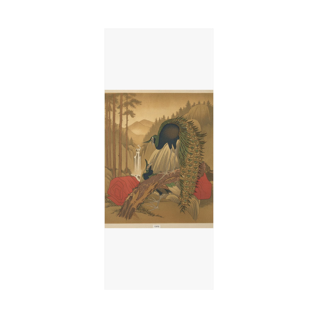 Scenic Nature — Painting Of Peacocks, Pines, A Waterfall, And A Roll Of Red Fabric — Matte Poster