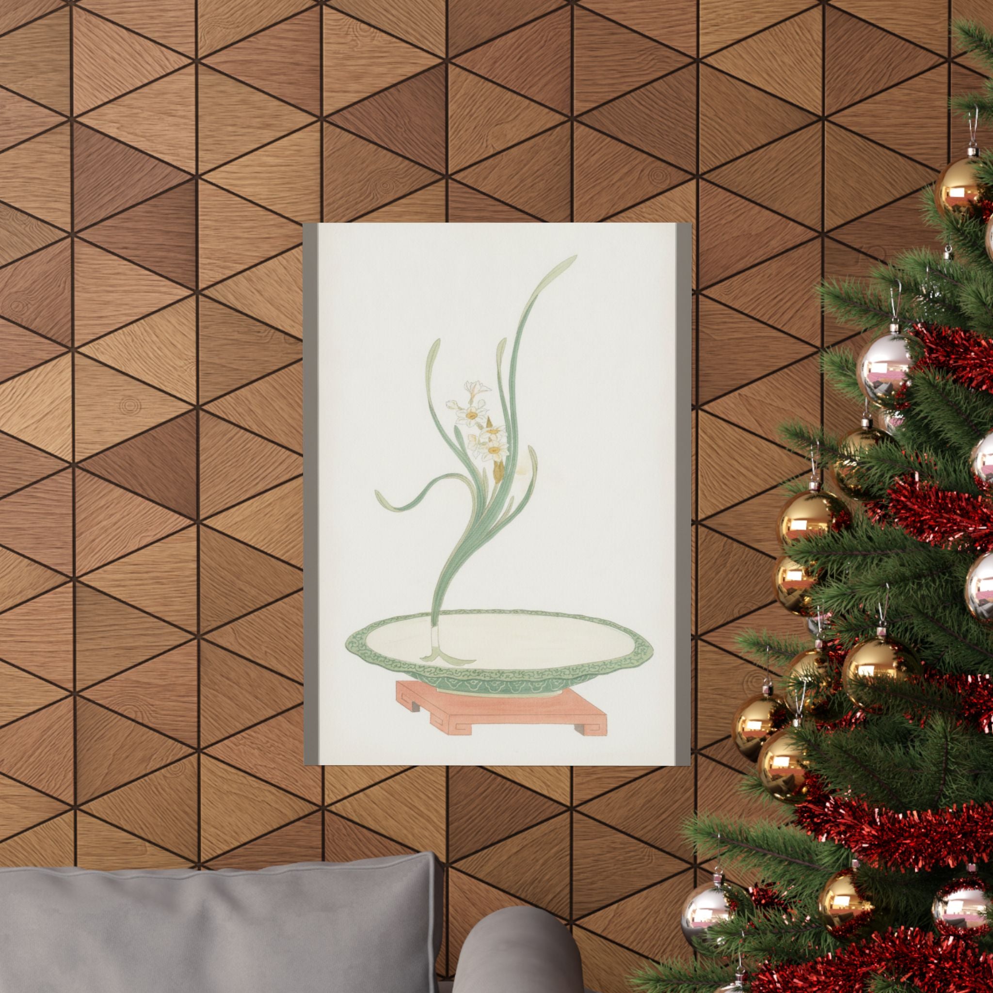 Watercolor — Flower Arrangement Of Suisen (Narcissus) In A Flat Green Dish — Matte Poster