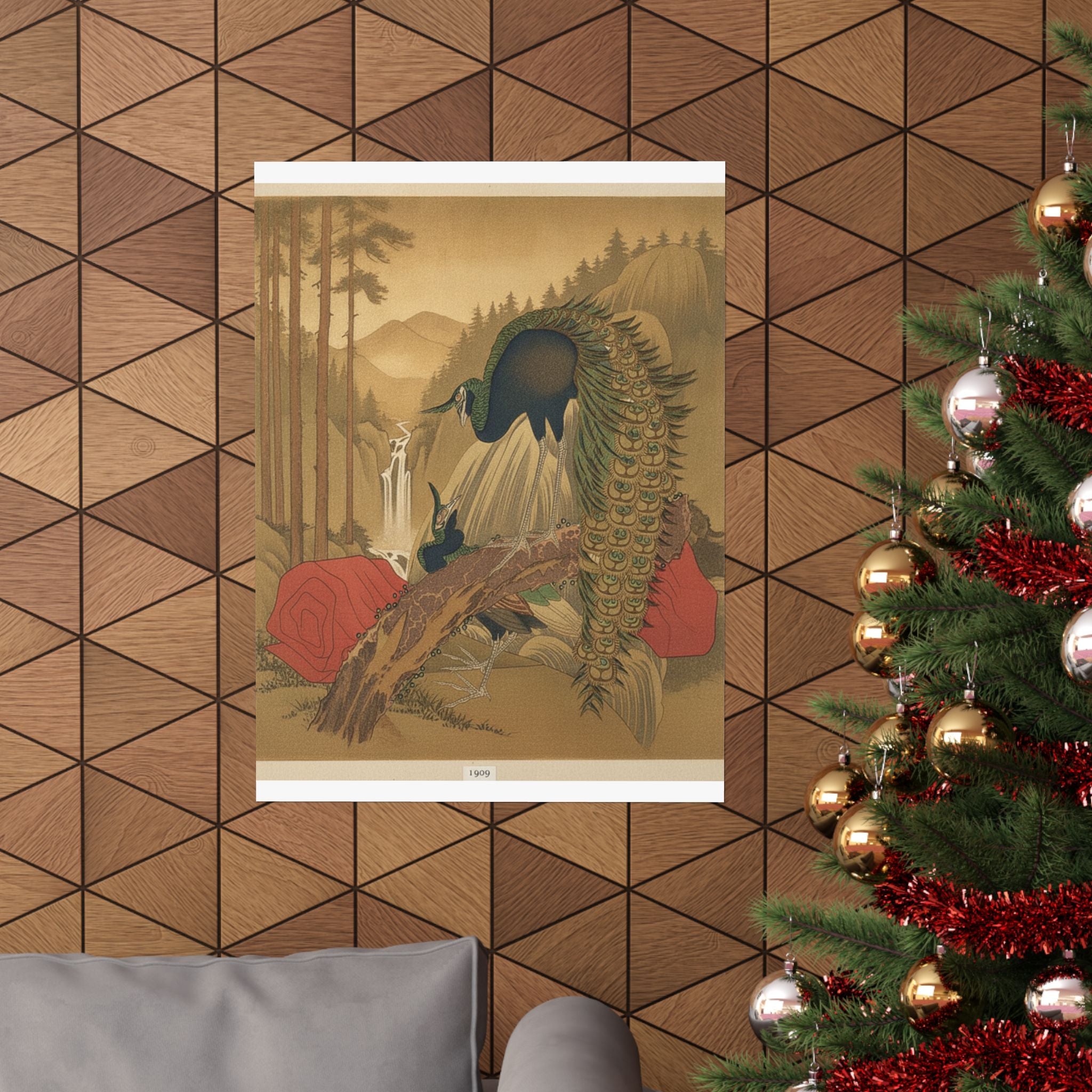 Scenic Nature — Painting Of Peacocks, Pines, A Waterfall, And A Roll Of Red Fabric — Matte Poster