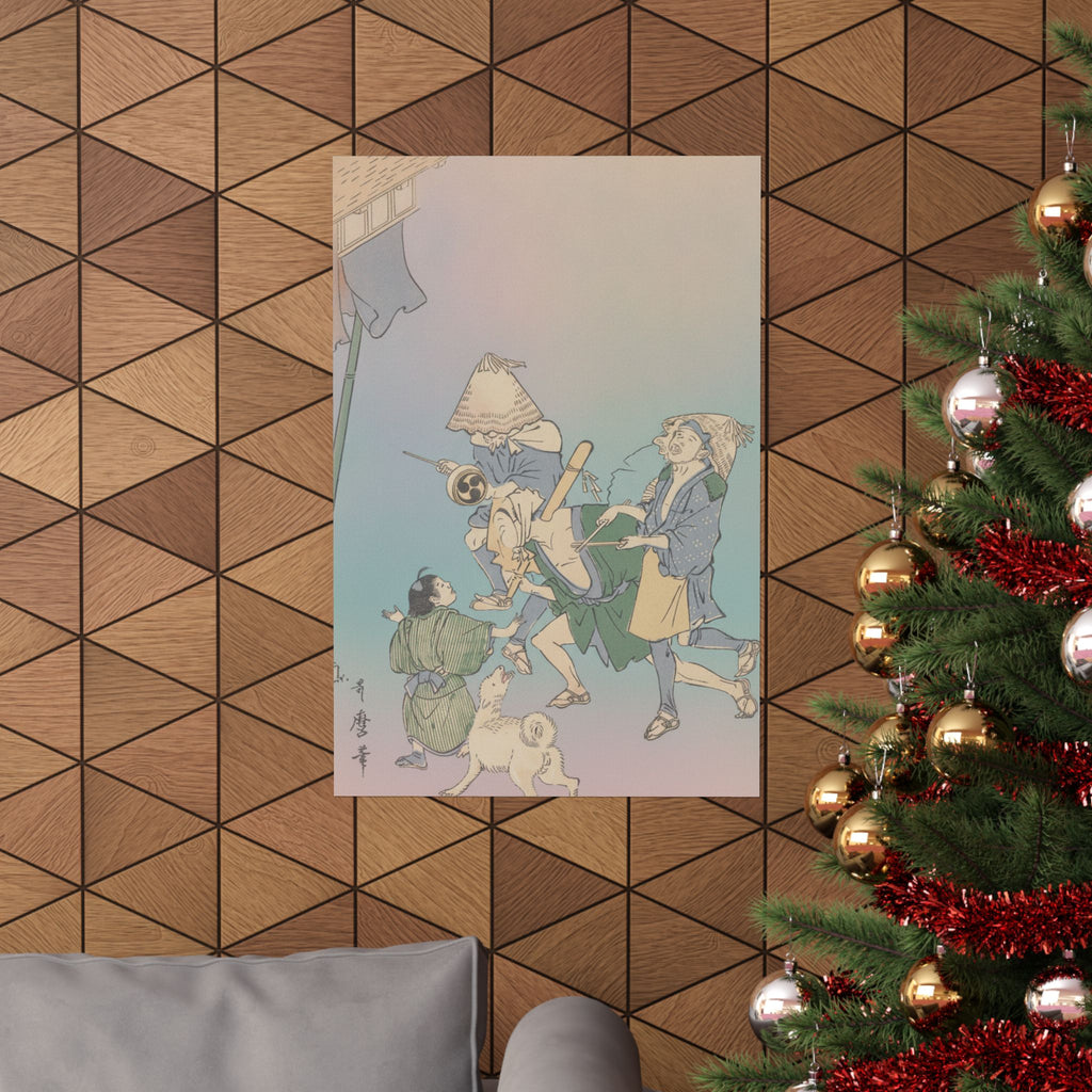 Affirmation — Three Revelers Of The Lower Classes, Wearing Komuso Hats, With Small Boy And Dog — Matte Poster