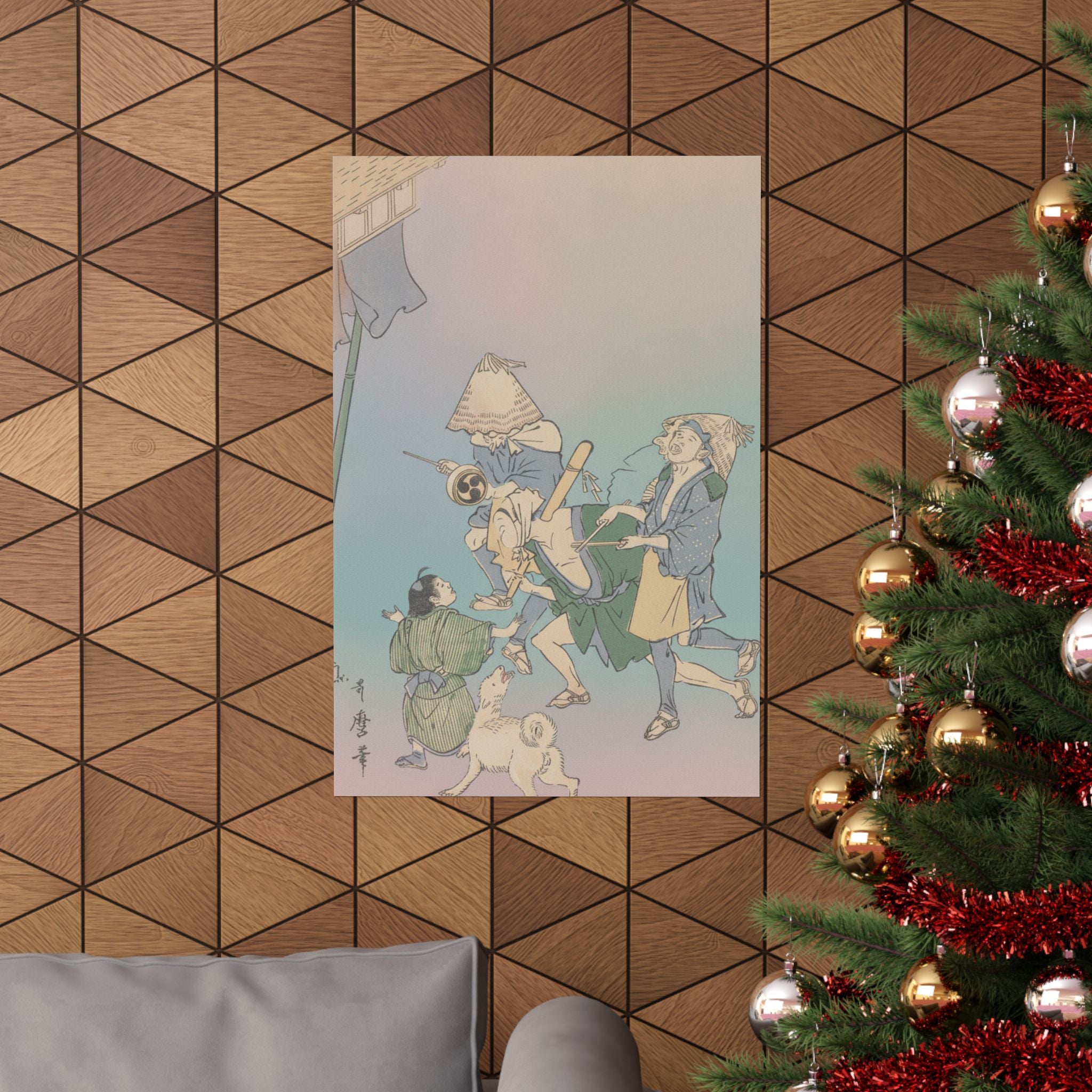 Affirmation — Three Revelers Of The Lower Classes, Wearing Komuso Hats, With Small Boy And Dog — Matte Poster