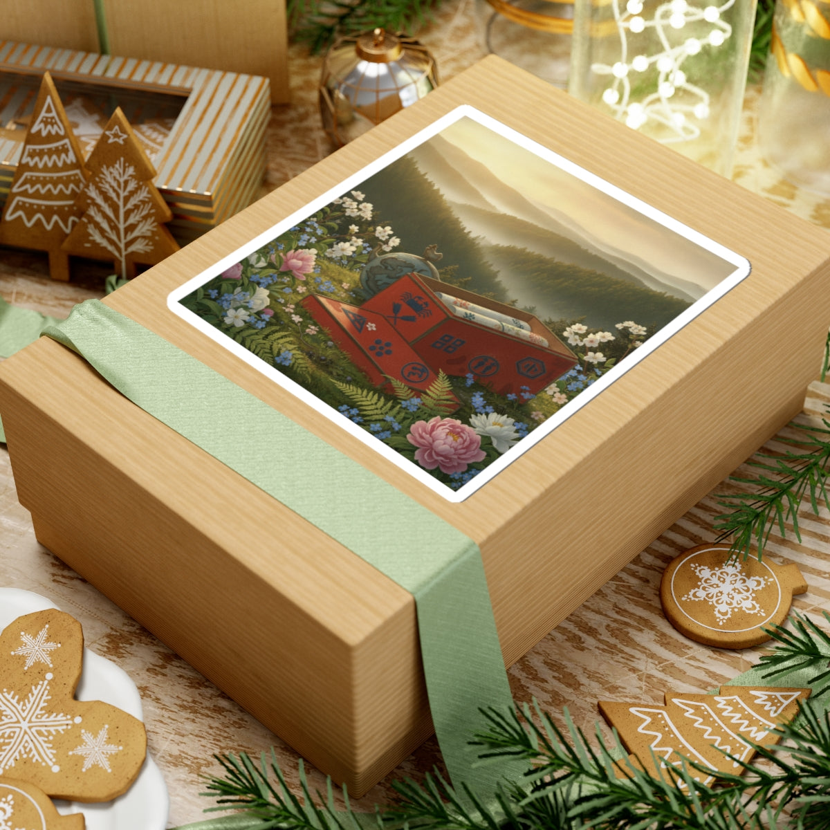 Scenic Nature — Red Lacquer Box And Water-Pot — Kiss-Cut Sticker