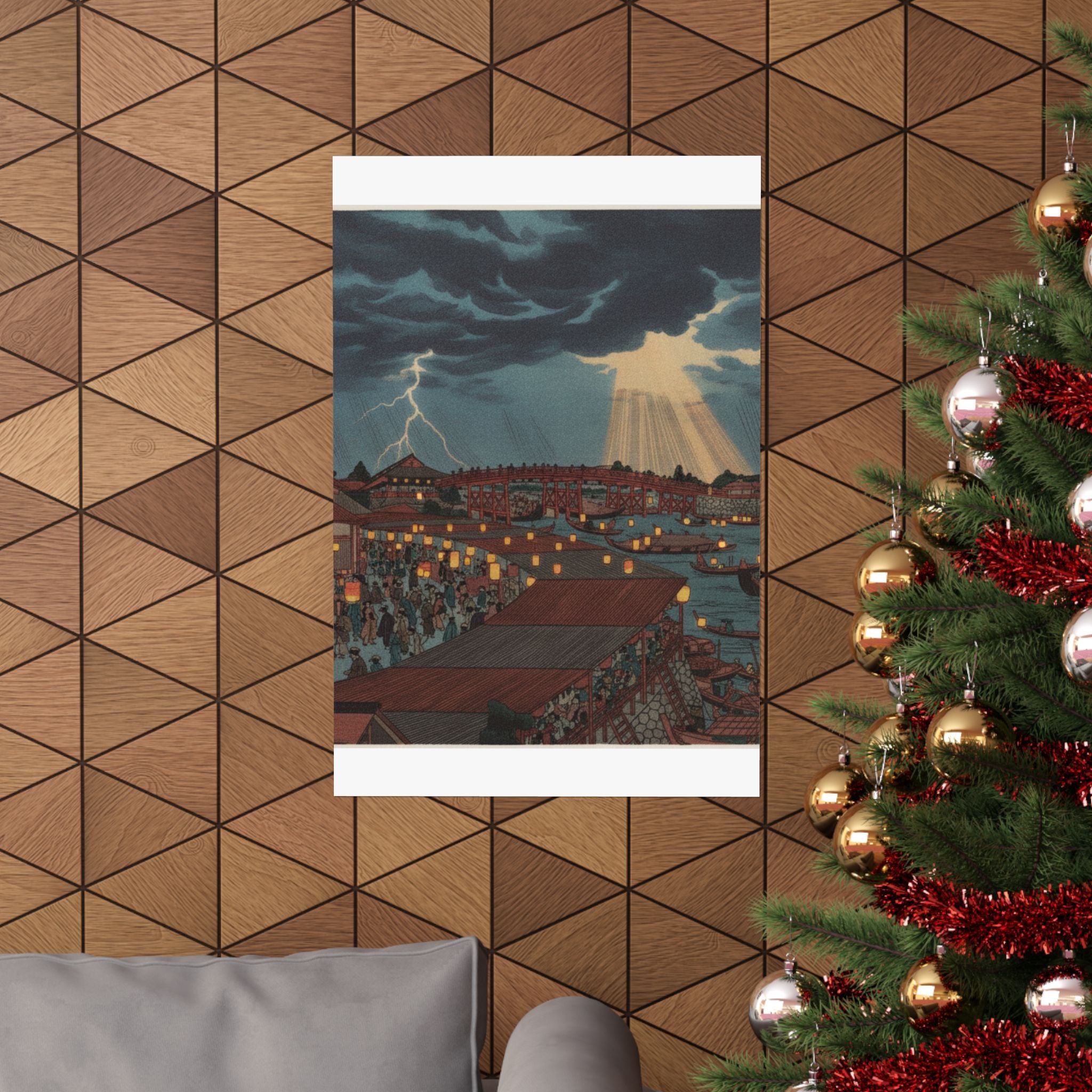 Dramatic Storm — Landscape; Showing Water Festival With Lanterns — Matte Poster