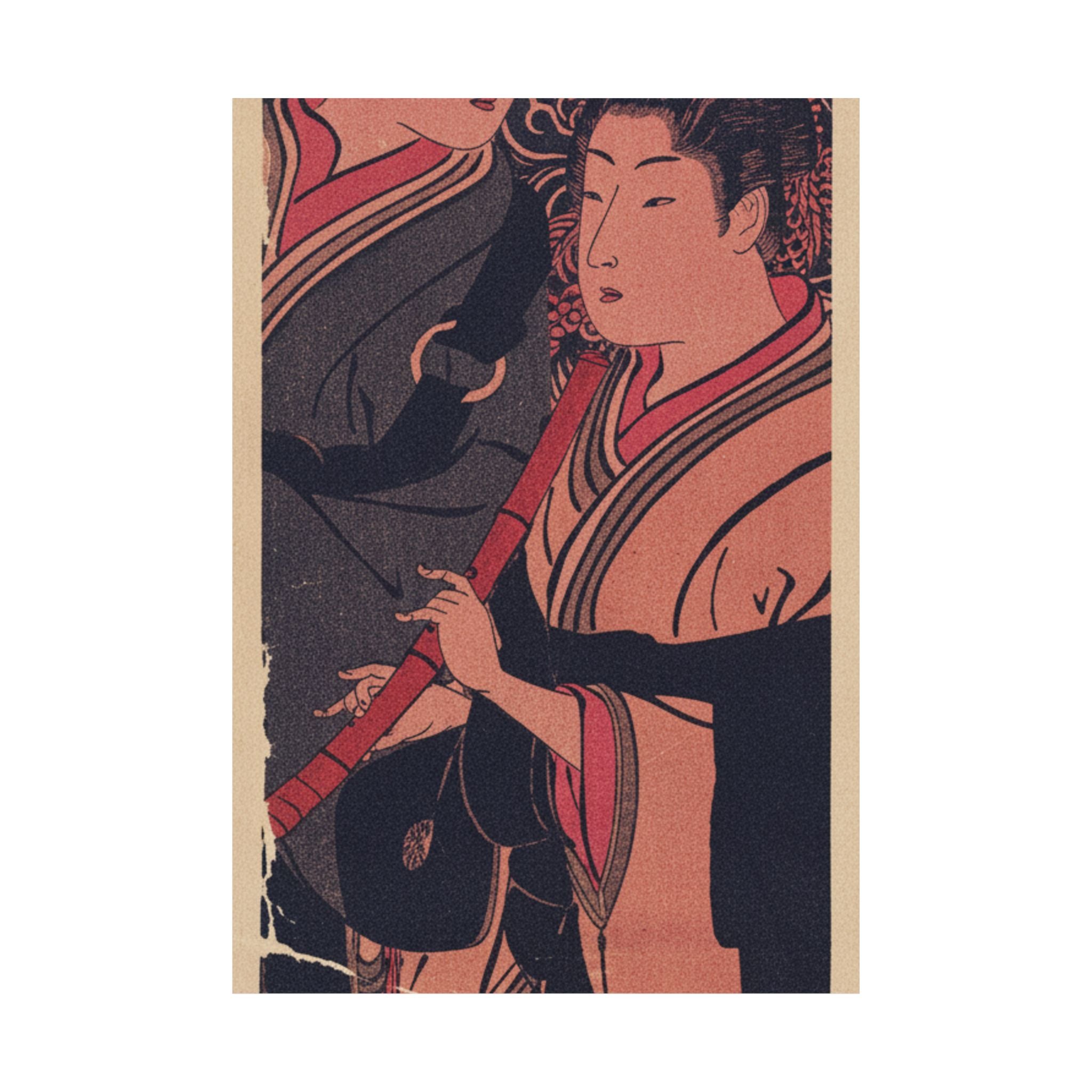 Japanese Street — Two Men, One Playing A Flute — Matte Poster