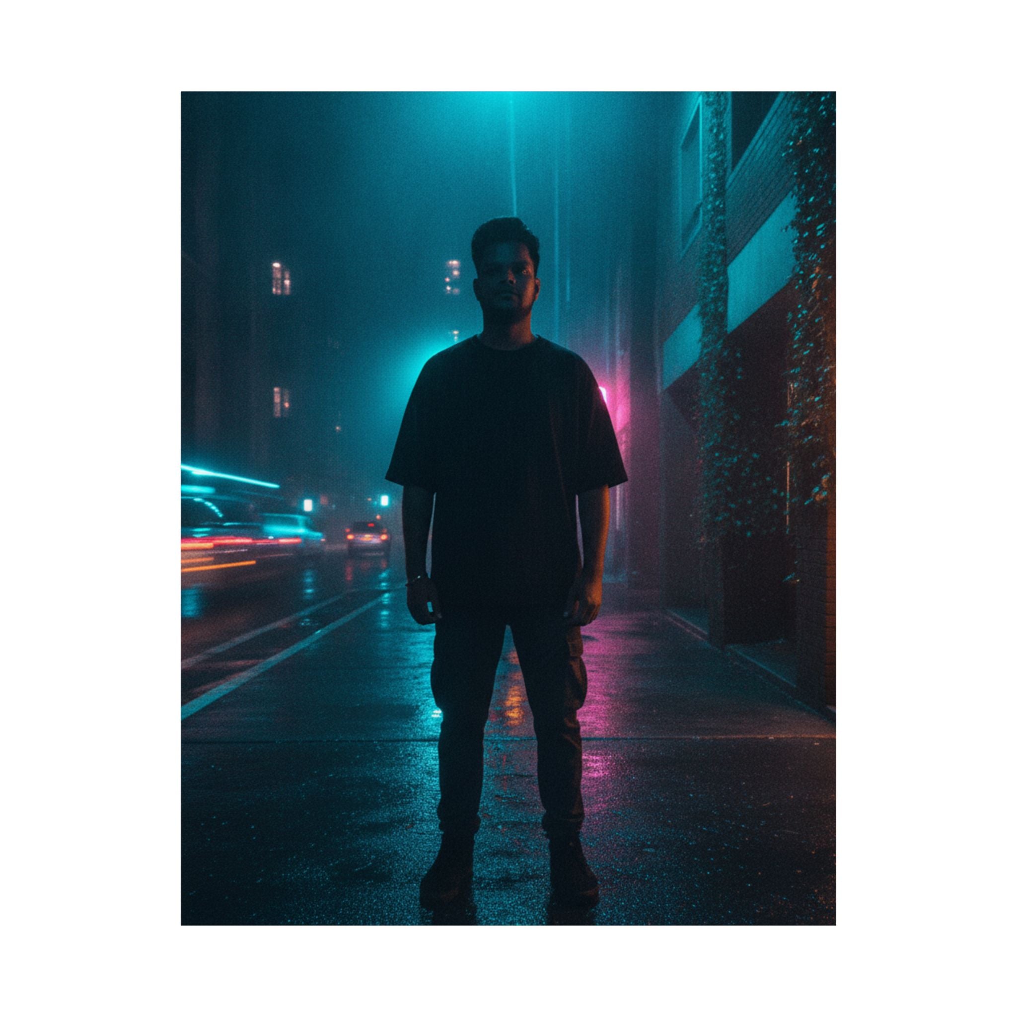 Rainy Neon City Street Silhouette Teal Pink Matte Poster