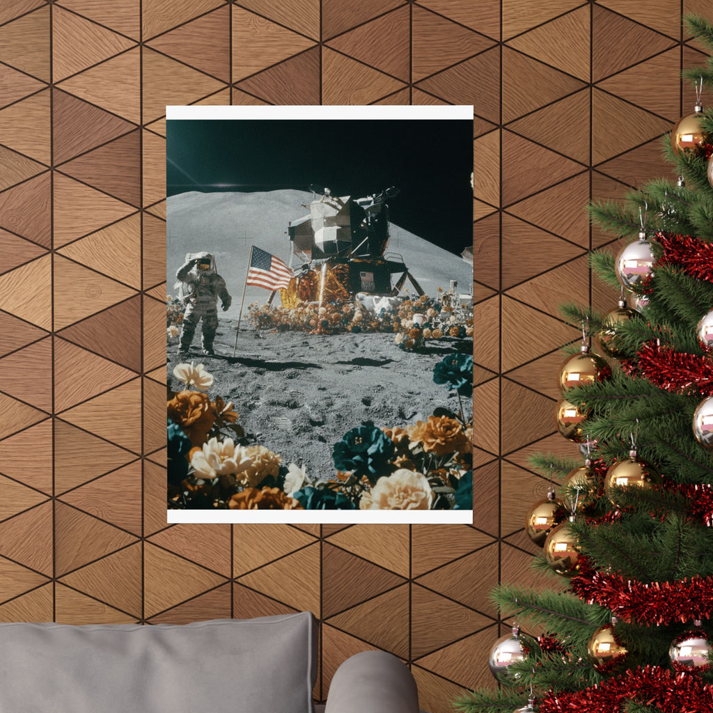 Astronaut Moon Landing in Bloom Surreal Space Poster