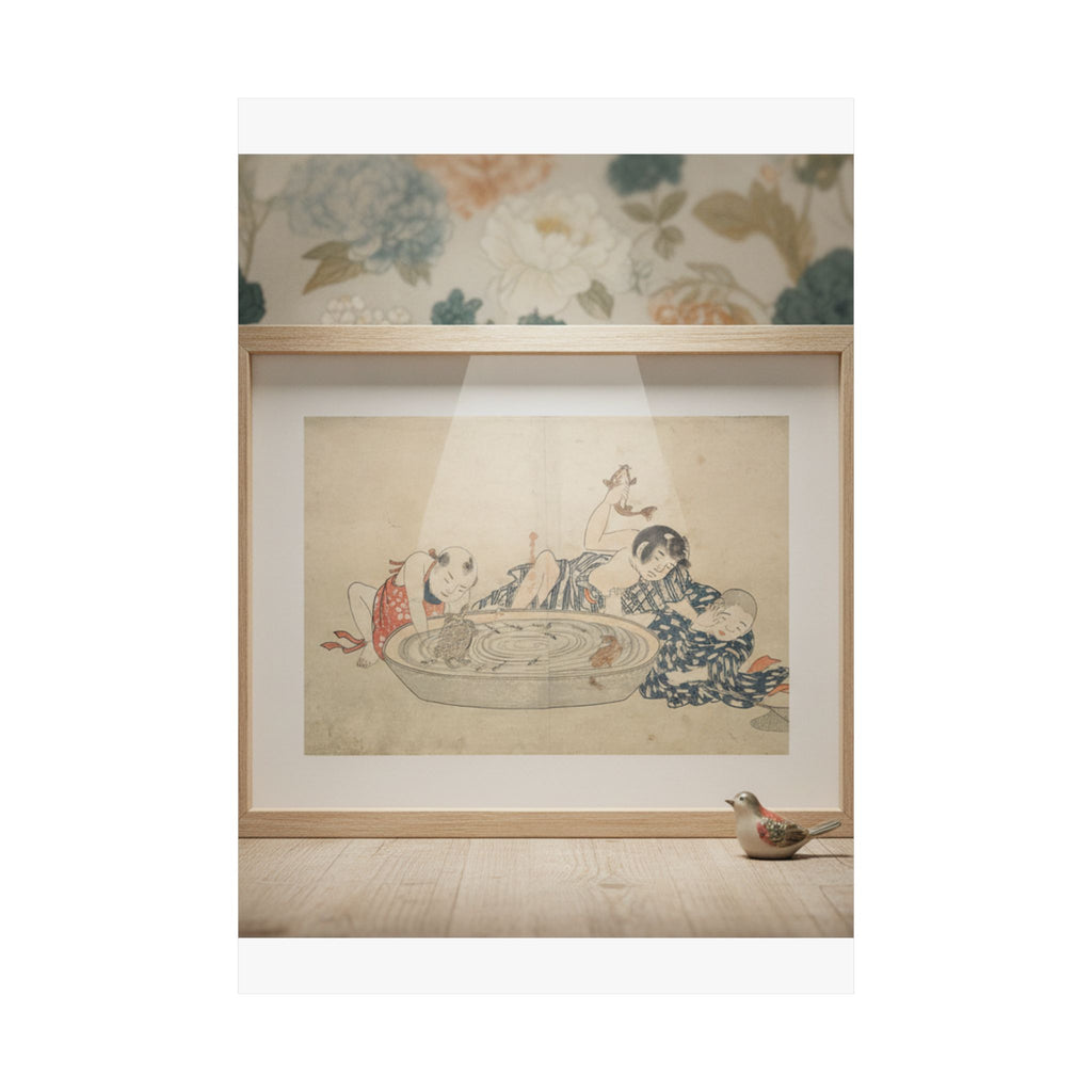 Product Marketing — Boys Playing With A Basin Of Fish And Turtles — Matte Poster
