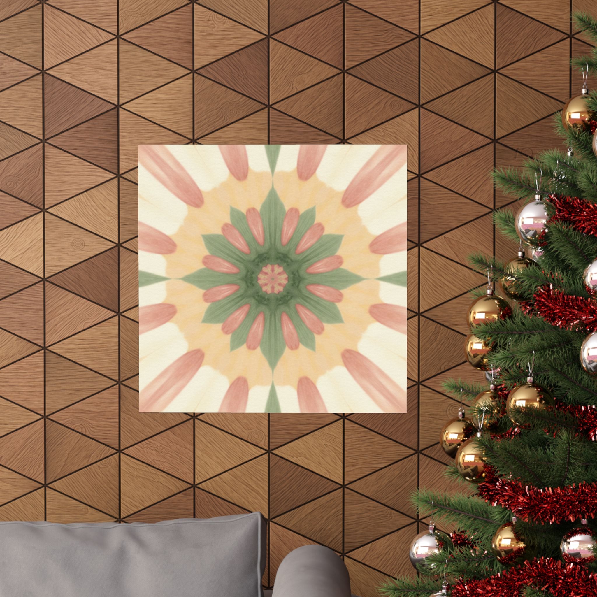 Peach and Sage Floral Kaleidoscope Mandala Poster