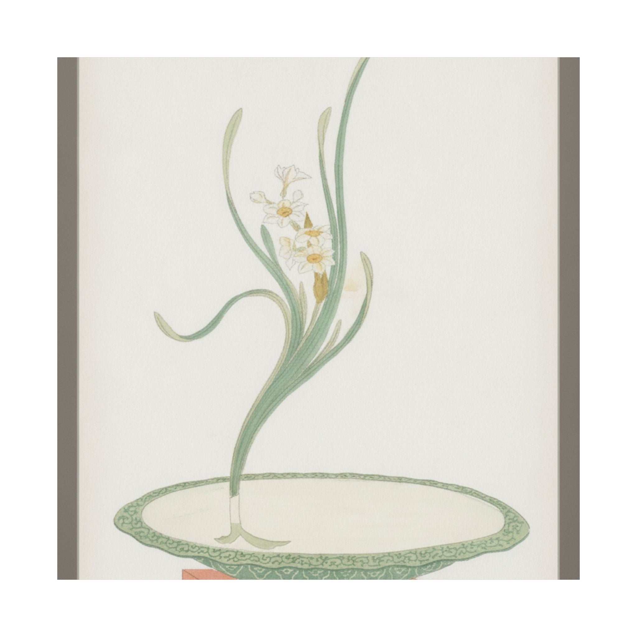 Watercolor — Flower Arrangement Of Suisen (Narcissus) In A Flat Green Dish — Matte Poster