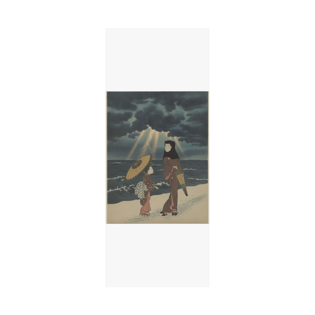 Dramatic Storm — Lady With Black Hood And Umbrella Out Walking With Young Attendant — Matte Poster