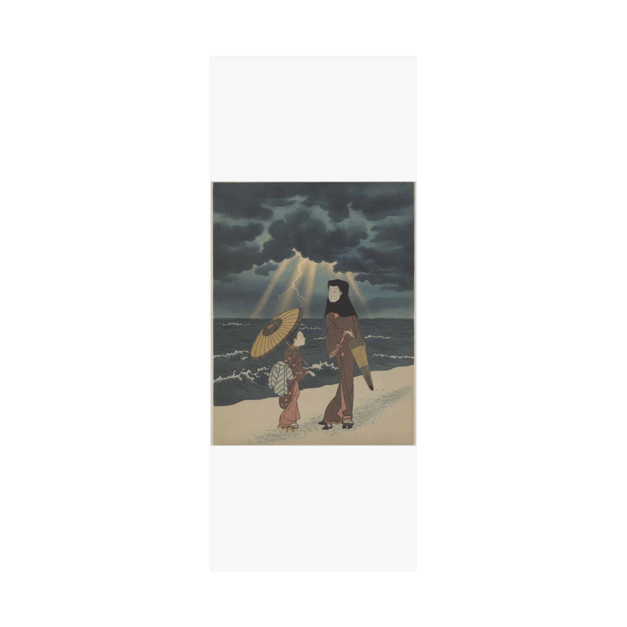 Dramatic Storm — Lady With Black Hood And Umbrella Out Walking With Young Attendant — Matte Poster