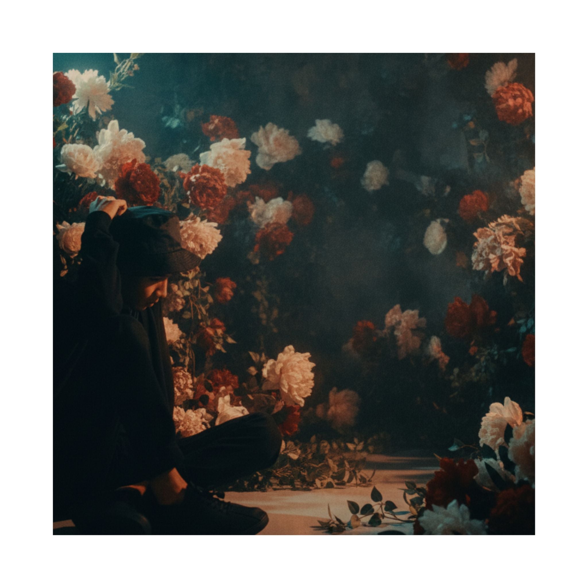 Kneeling Figure in Dark Rose Garden Moody Poster
